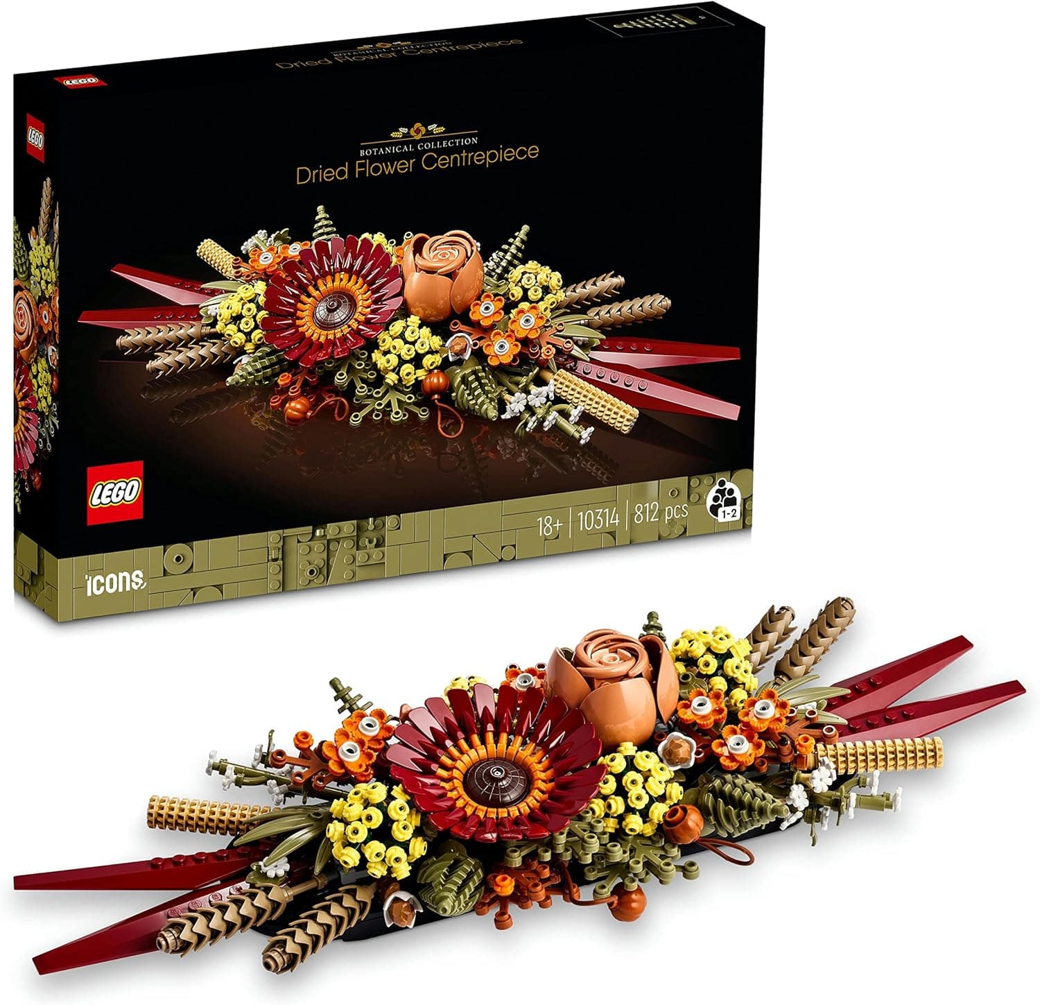 LEGO Icons Centro de flores secas, artesanato para adultos, flores artificiais, rosa e gerbera, centro de mesa ou quadro de parede, coleção botanical 10314