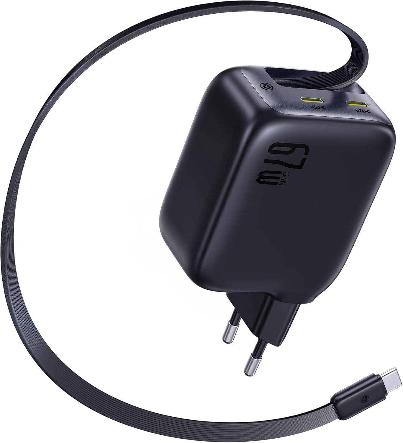 Baseus Enercore 67W | Carregador compacto GaN com cabo retrátil e 2 portas USB-C para portáteis e smartphones