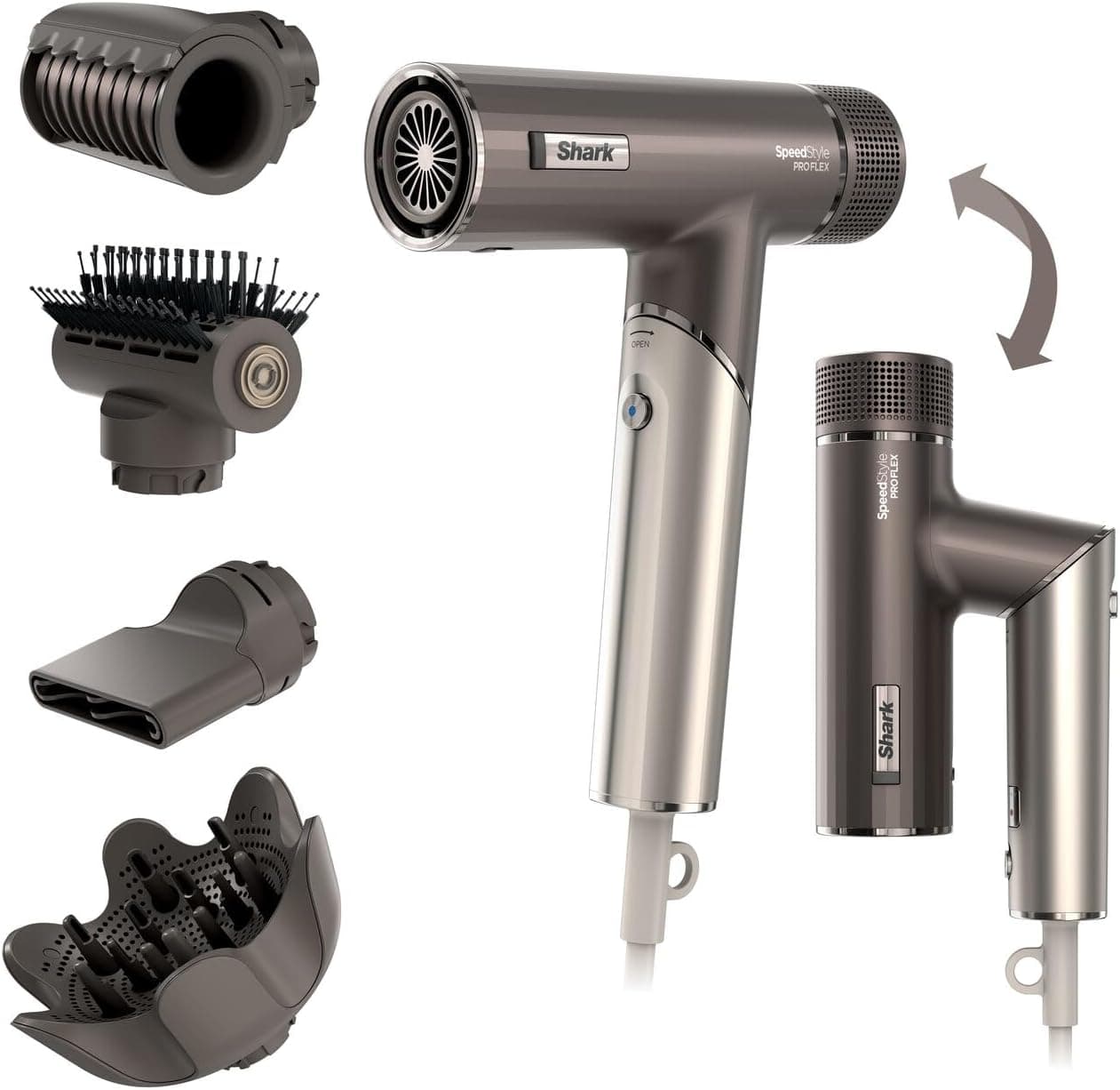 Shark SpeedStyle Pro FLEX Secador de cabelo de alto desempenho e velocidade com 4 acessórios, leve, iónico, sem danos causados pelo calor, alça dobrável, adequado para todos os tipos de cabelo