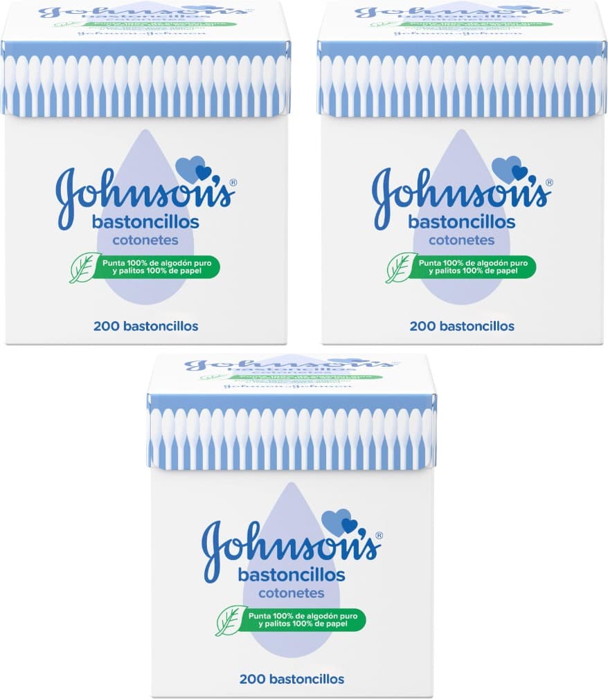 Johnson's Baby Buds | Cotonetes de algodão puro com bastão de papel, caixa com 200 unidades x 3