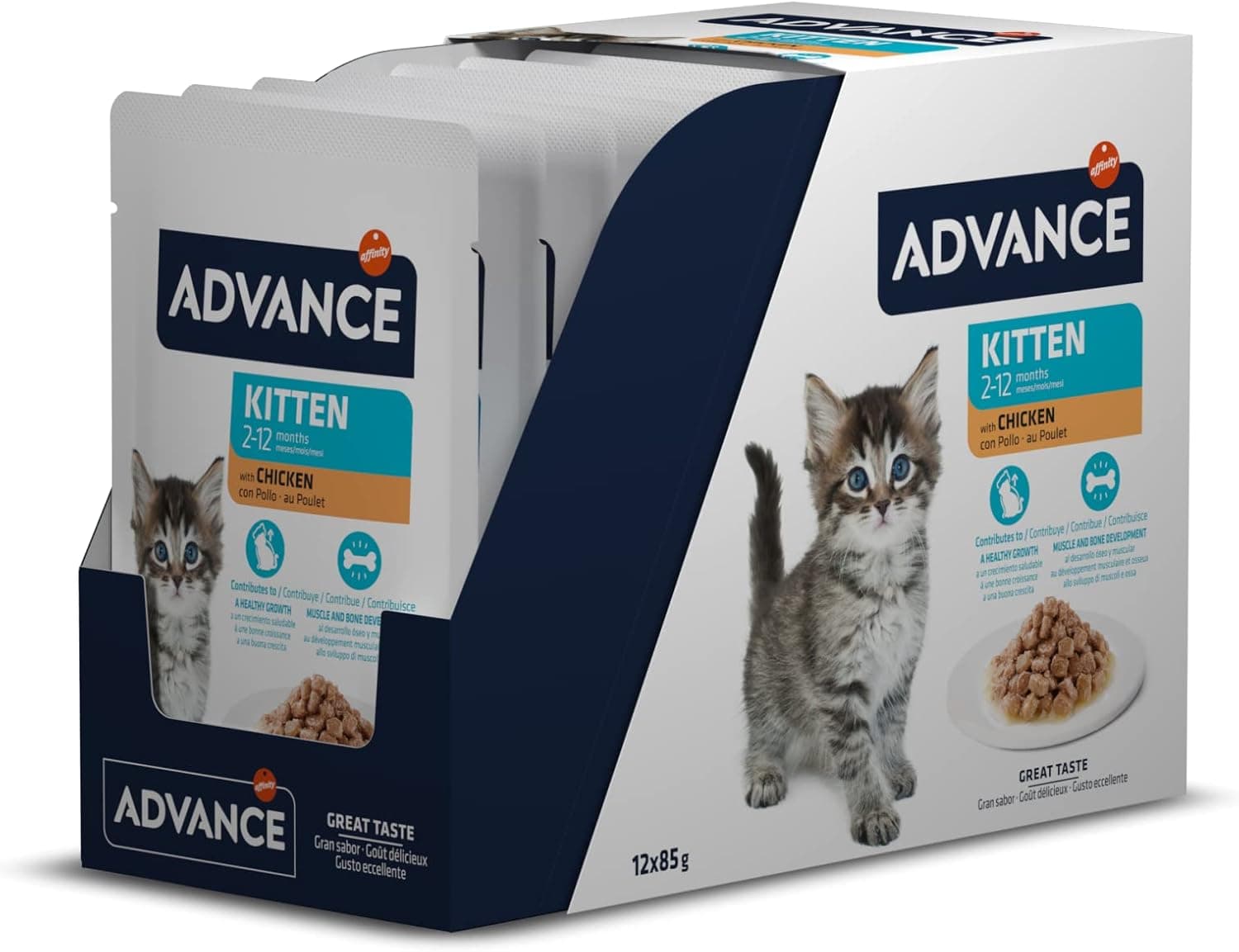 Advance Comida húmida para gatinhos com frango, multi-embalagem 12 x 85 g, total 1,02 kg
