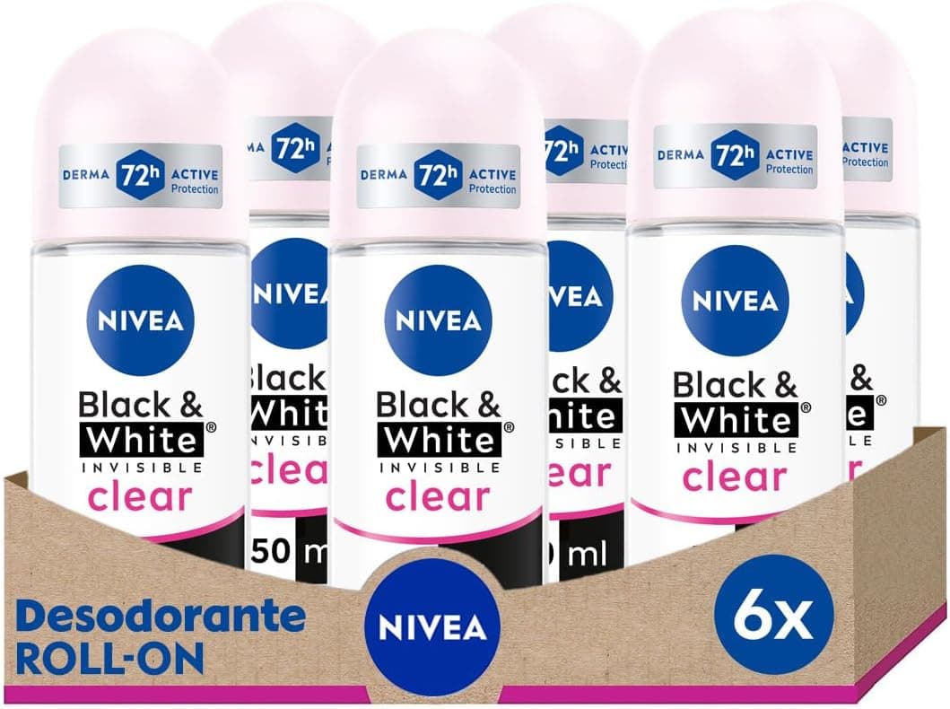 NIVEA Black & White Invisible Original | Pack de 6 roll-on antitranspirantes 50 ml cada, protege a roupa e deixa a pele suave