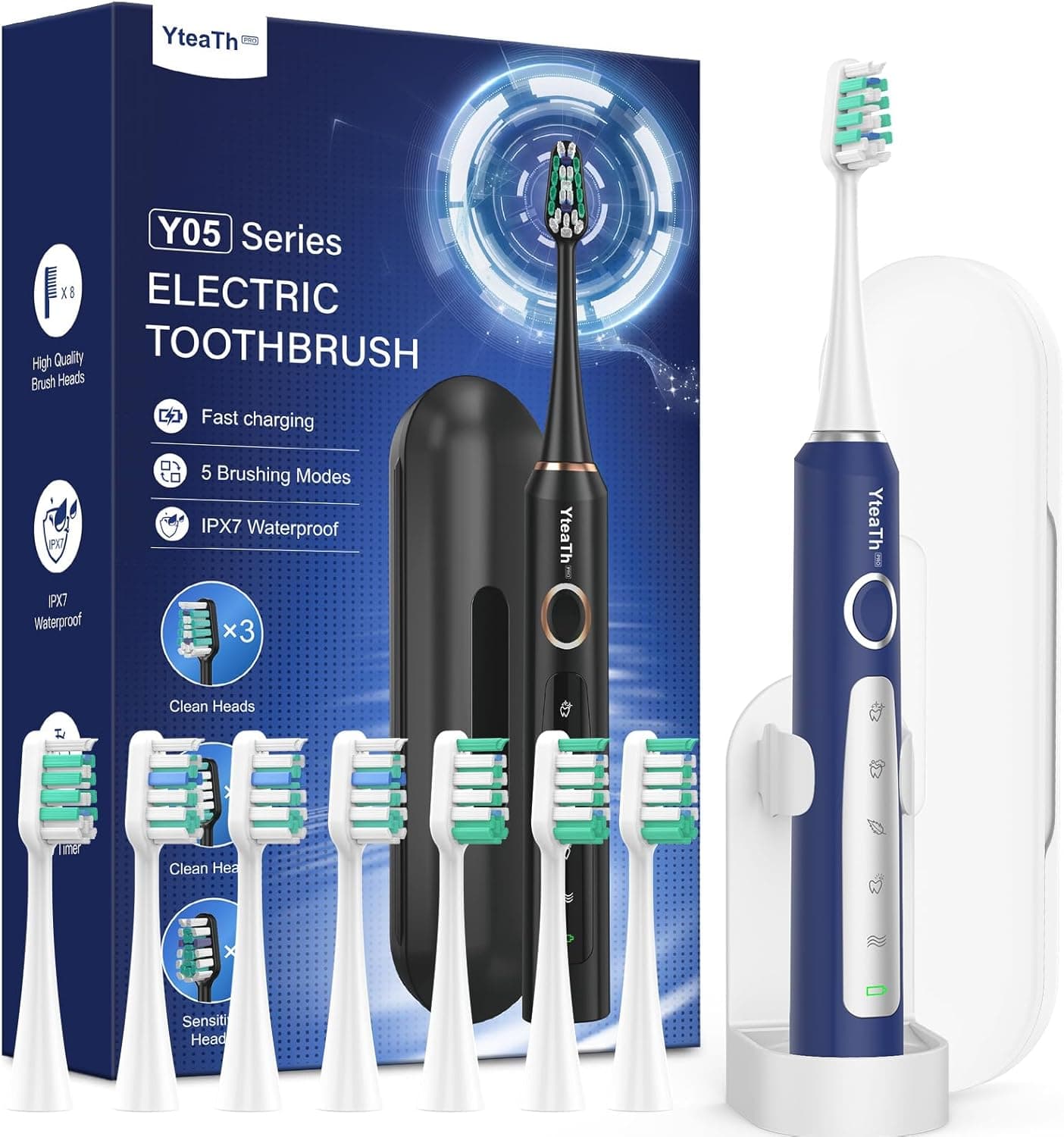 Escova de dentes elétrica sónica para homens - escova elétrica sónica para adultos com 8 cabeças e estojo de viagem, 5 modos, IPX7 impermeável, escova de dentes elétrica de viagem recarregável, azul