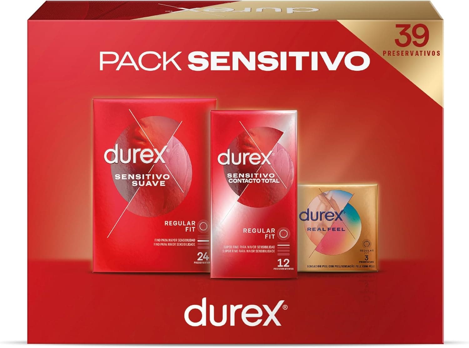 Durex Conjunto de preservativos Sensitivo Suave + Sensitivo Contacto Total + Real Feel Sem Látex, 39 preservativos