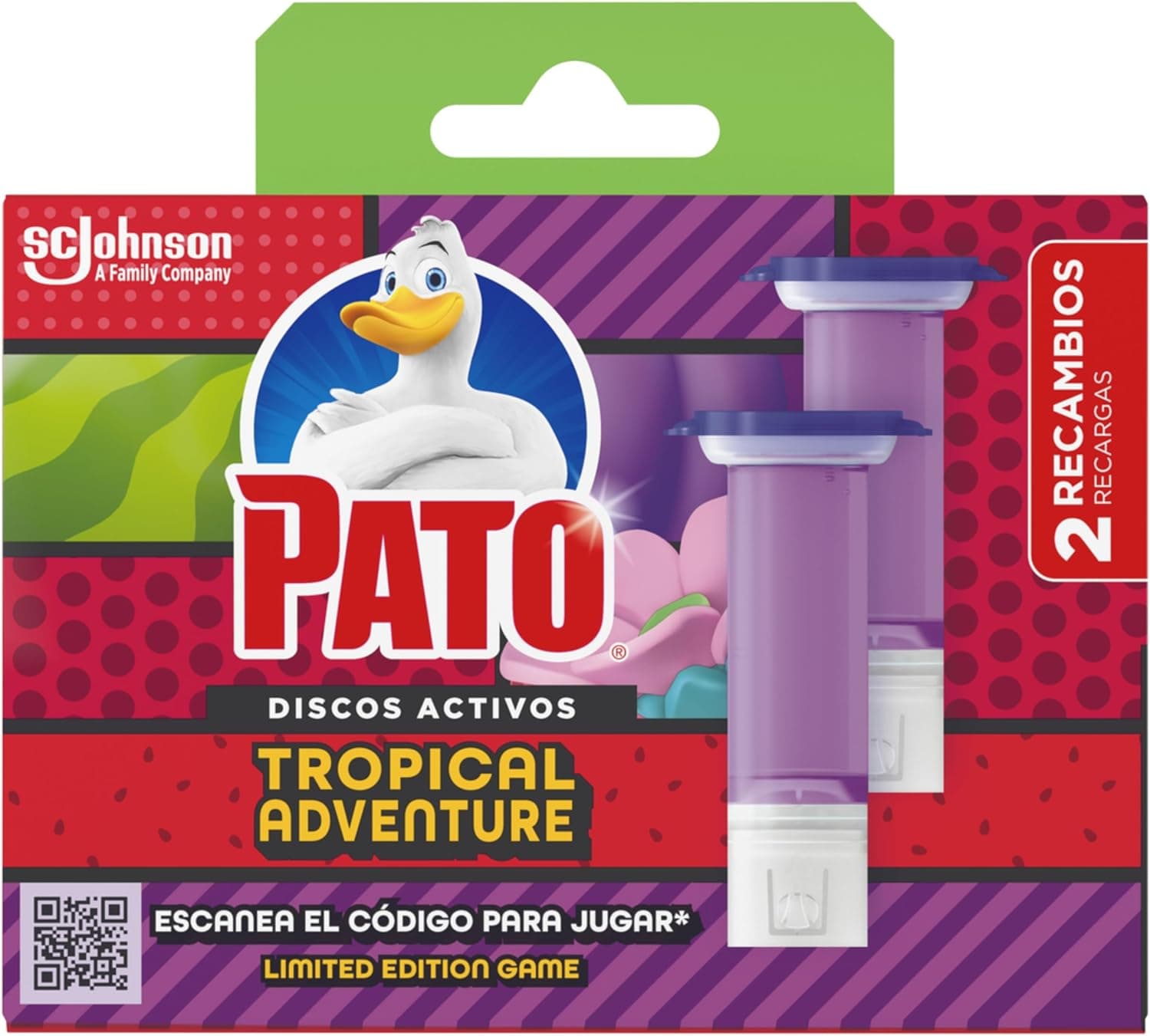 Pato Discos ativos Tropical Adventure Limpa, conjunto de 2 peças de substituição (12 discos 36 ml), limpa e colorida a sanita com cor de água violeta