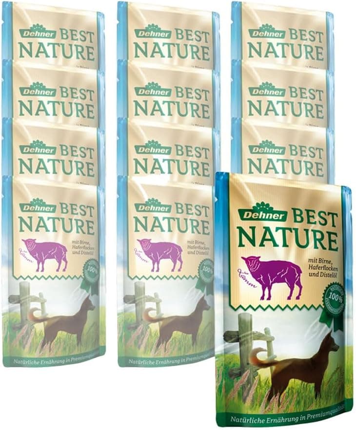 Dehner Best Nature Comida para cães adultos, cordeiro e pêra com aveia, em bolsa, 12 x 150 g (1,8 kg)