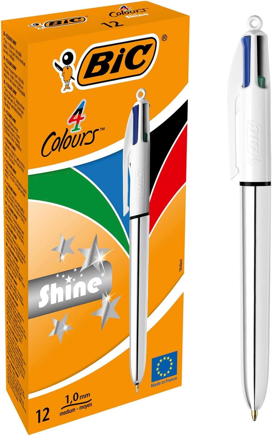 BIC 4 Colors Shine | Caneta esferográfica retrátil de 1.0 mm com design metálico prateado, caixa com 12 unidades