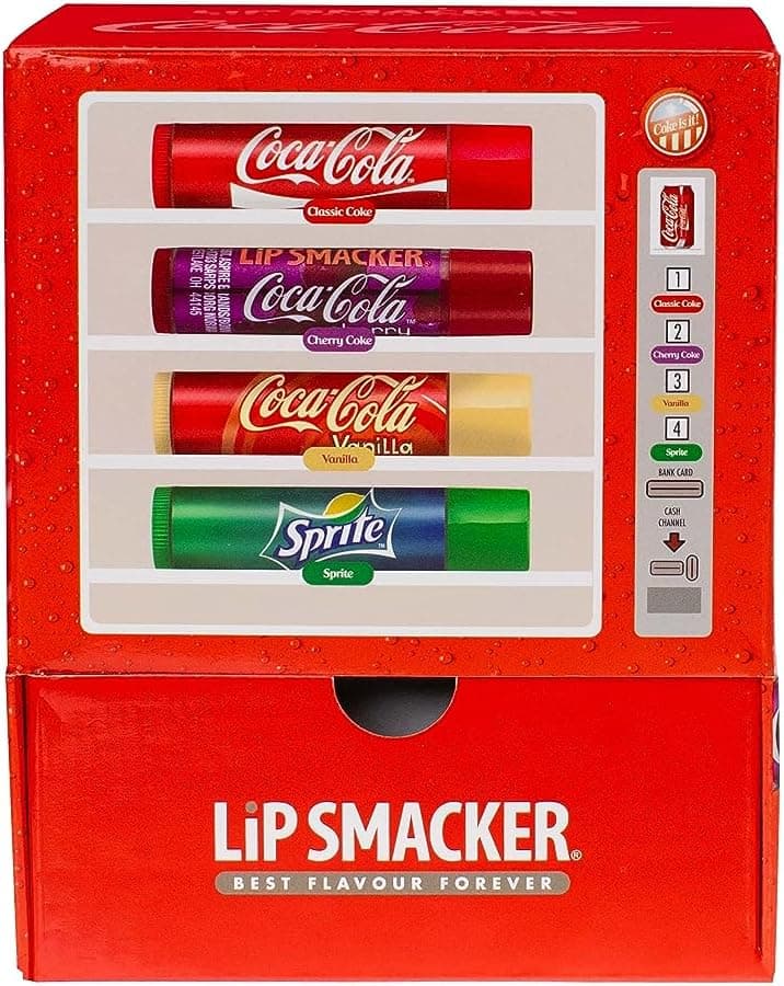 Lip Smacker Coleção Coca-Cola, bálsamo labial sabor coca-cola, coca-cola cerejeira, baunilha de coca-cola e Sprite, variedade de balões labiais Coca-Cola, conjunto de presente numa máquina de venda