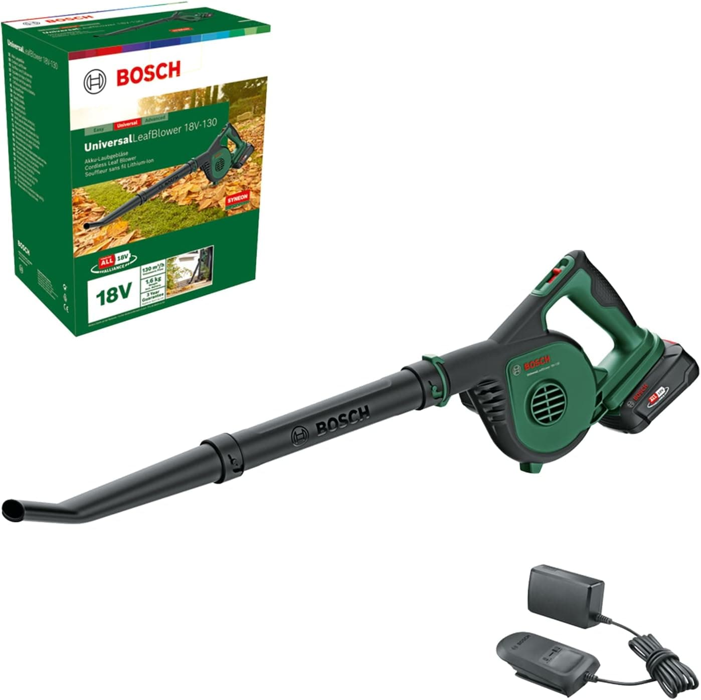 Bosch Ventilador de folhas a bateria UniversalLeafBlower 18 V - 130 (para limpeza rápida e fácil de exteriores, sistema de 18 volts, 1 bateria de 2,5 anos e carregador)