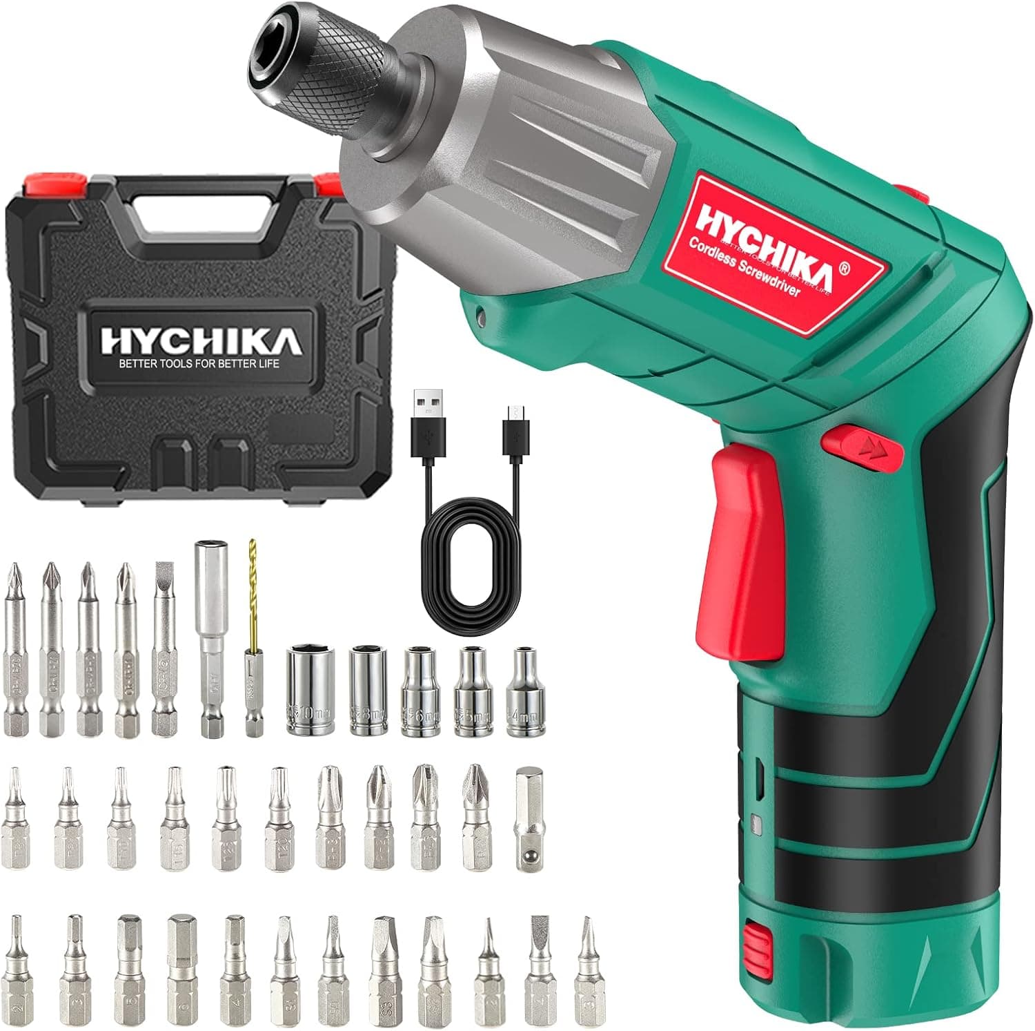 HYCHIKA CS46-36 | Aparafusadora elétrica portátil 3.6V com luz LED, 35 acessórios e mala de transporte