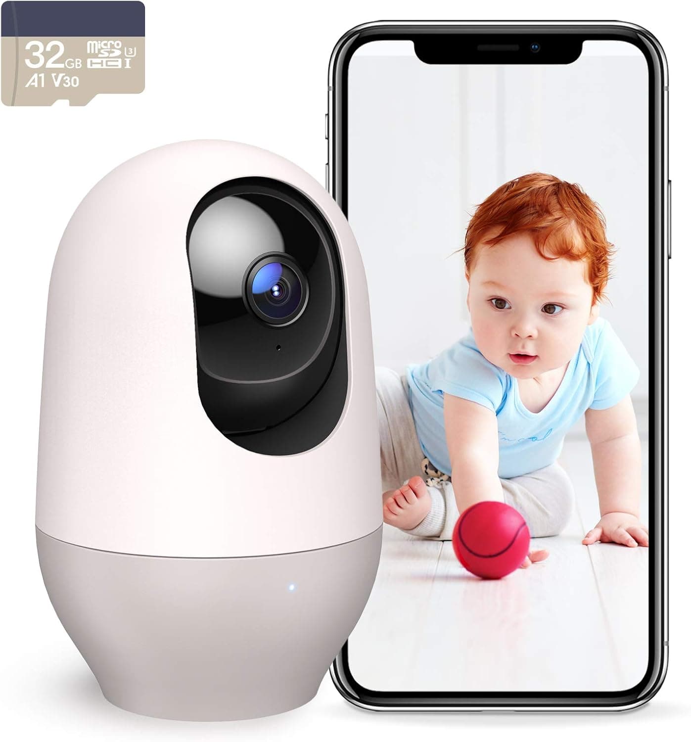 Nooie Câmara interior 2K com cartão micro SD 32 GB, câmara IP WiFi, vigilância 360 ° Pan/Tilt, visão noturna, deteção de movimento por som, áudio bidirecional, compatível com Alexa