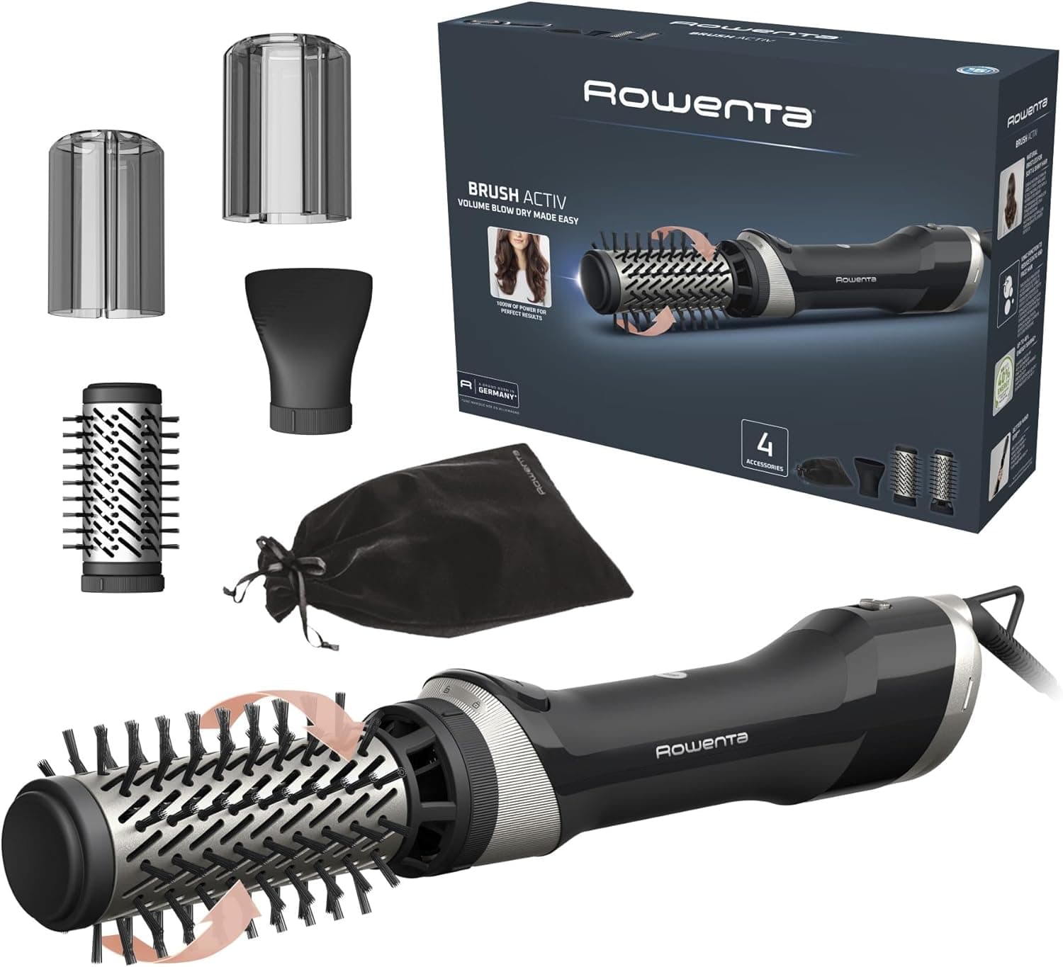 Rowenta Brush Activ, escova de ar giratória, escova de secador de 1000 W, design ergonómico, 2 escovas cerâmicas giratórias, concentrador e capa, UB9530F0