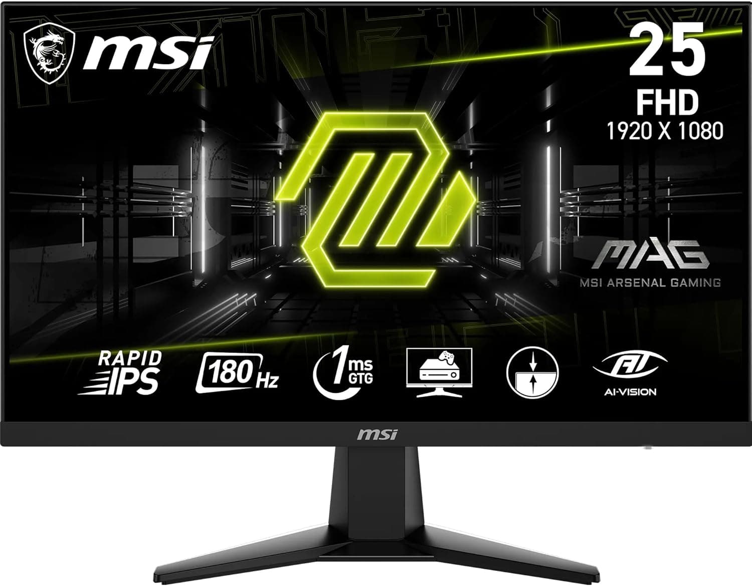 MSI mag 256F Monitor de jogos plano FHD de 24,5", painel IPS rápido de 1920 x 1080, 180 Hz / 1 ms, sRGB de 127%, design sem molduras, casual, pronto para HDR, DisplayPort 1,2a, HDMI CEC