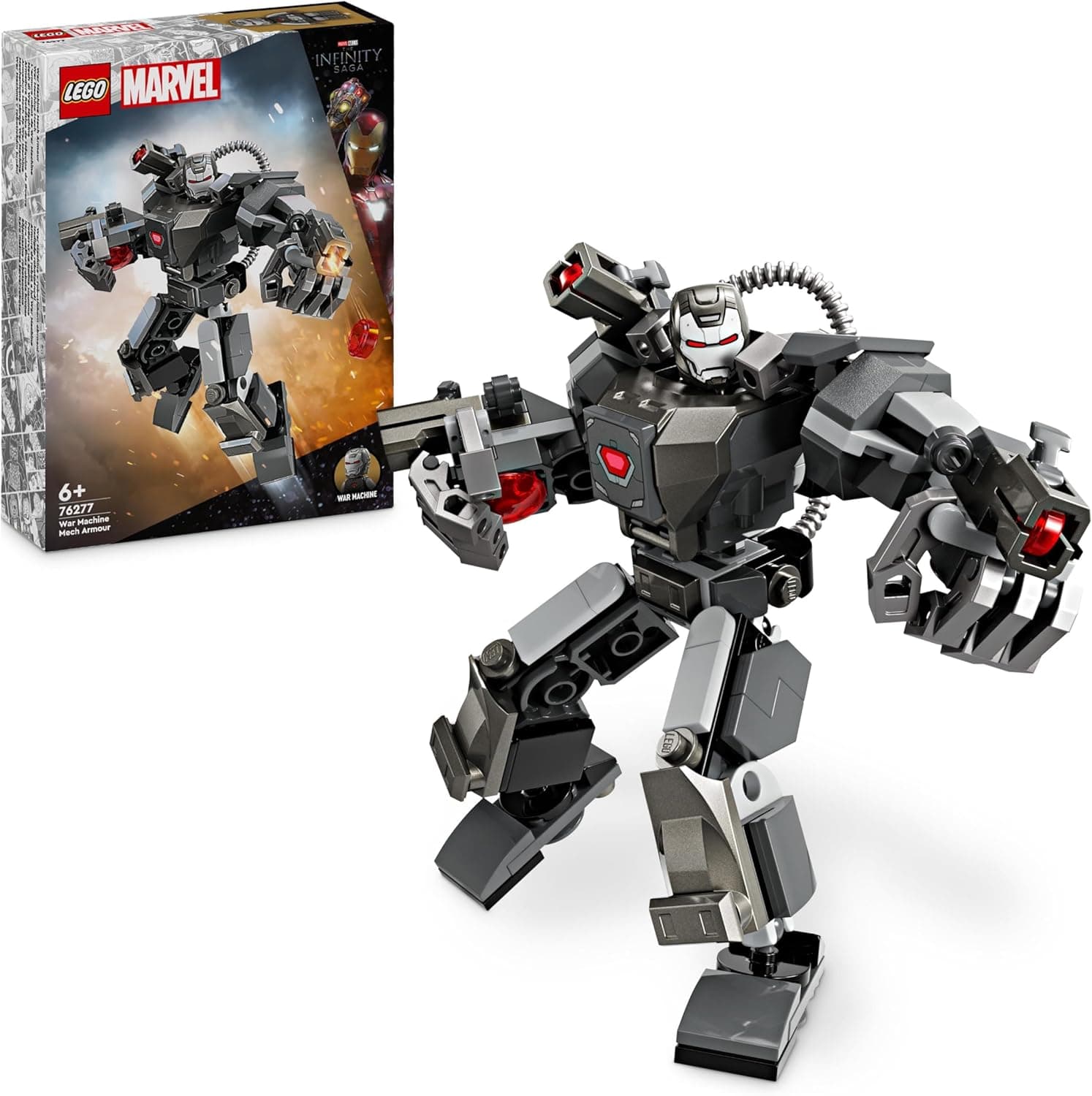 LEGO Marvel Armadura robótica da máquina de guerra, figura de ação de brinquedo com armas: 3 canões que disparam, personagem super-herói UCM, presente para cinéfilas, meninos e meninas de 6 anos ou