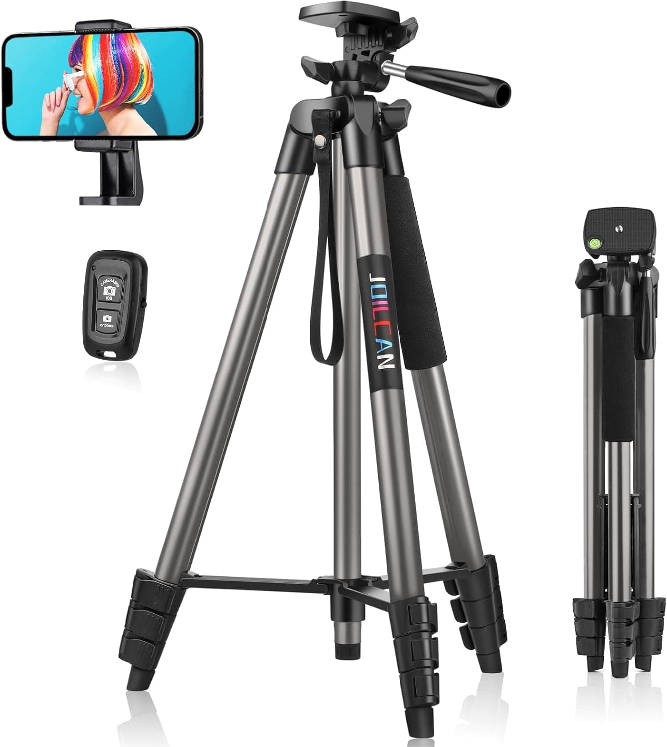 JOILCAN Tripé para telemóvel 161 cm, tripé para telemóveis de alumínio extensível com controlo remoto, bastão selfie tripé com suporte para iPhone/Samsung/Android telefones / câmara pequena, cinzento