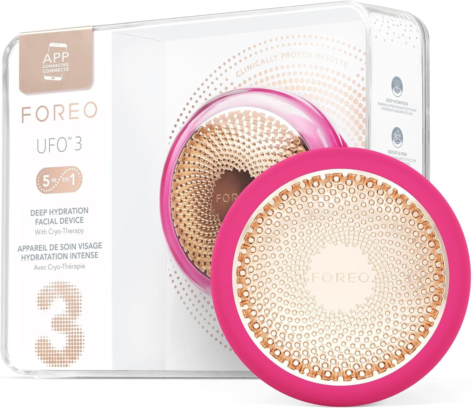 FOREO UFO 3, hidratação facial profunda, spa facial 5 em 1, terapia com luz LED vermelha, termoterapia, crioterapia, massajador facial T-Sonic, cuidado facial anti-idade, fúcsia