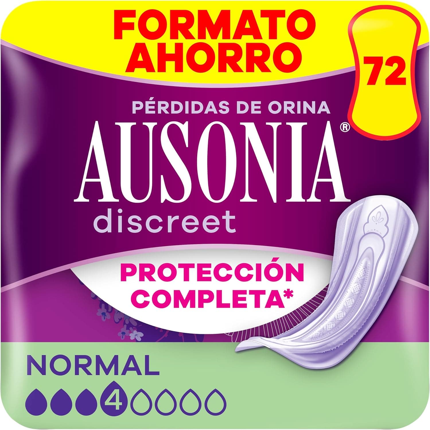 Ausonia Discreet normal, 72 compressas incontinência mulher para perda de urina, proteção completa, discrição incrível