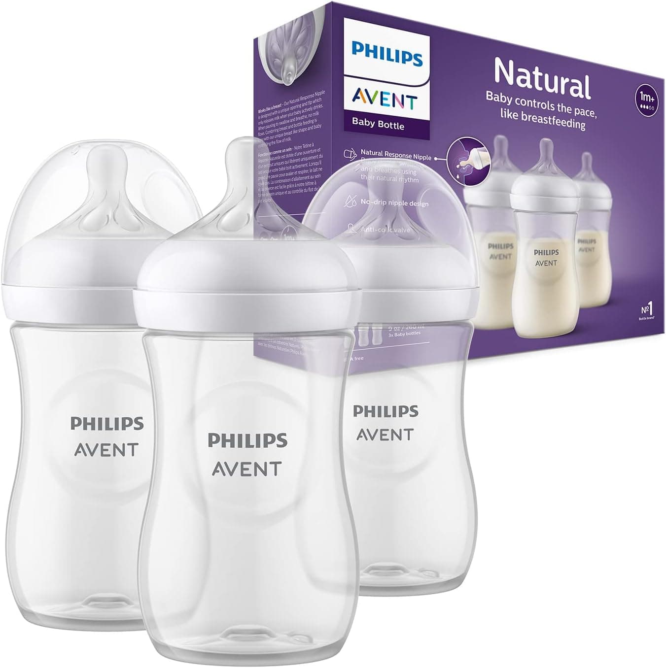 Philips Avent Biberão natural Response: 3 biberões para bebés recém-nascidos de 260 ml, sem BPA, a partir de 1 mês (modelo SCY903/03)