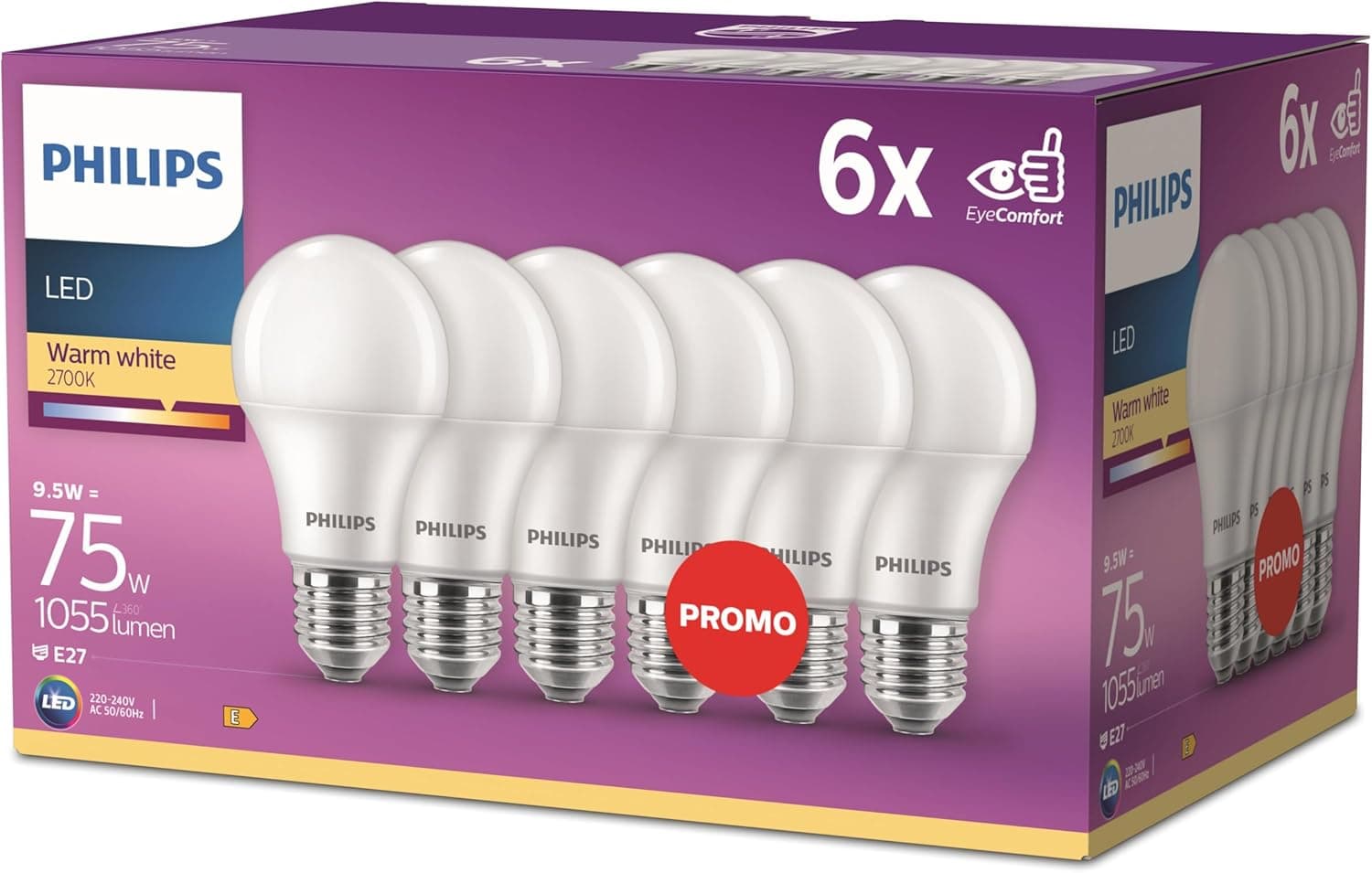 Philips Lâmpada LED de 75 W, E27, luz branca quente, mate, não regulável, embalagem de 6