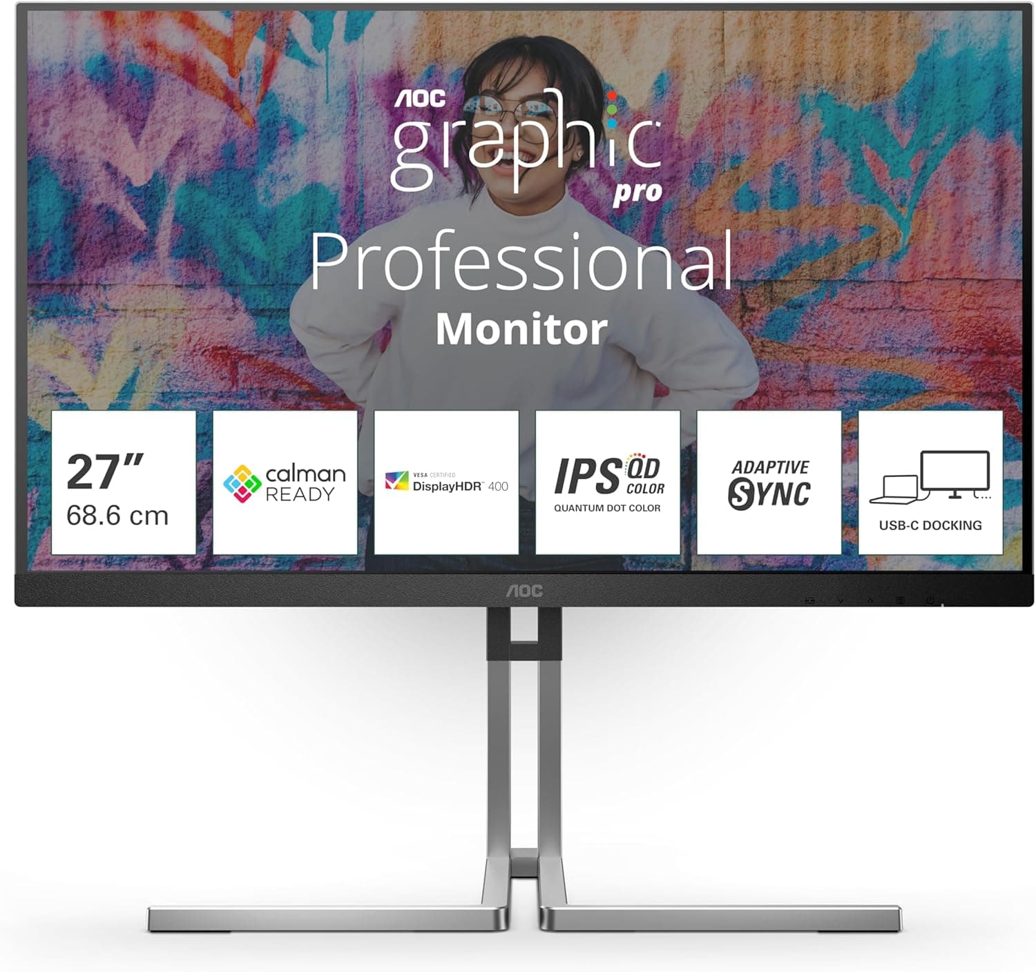 AOC Q27U3CV Monitor QHD de 27 polegadas, alto-falante, altura regulável, HDR400 (2560 x 1440, 75 Hz, HDMI, DisplayPort (Entrada/Saída), USB-C (96 W PD), Hub USB) preto