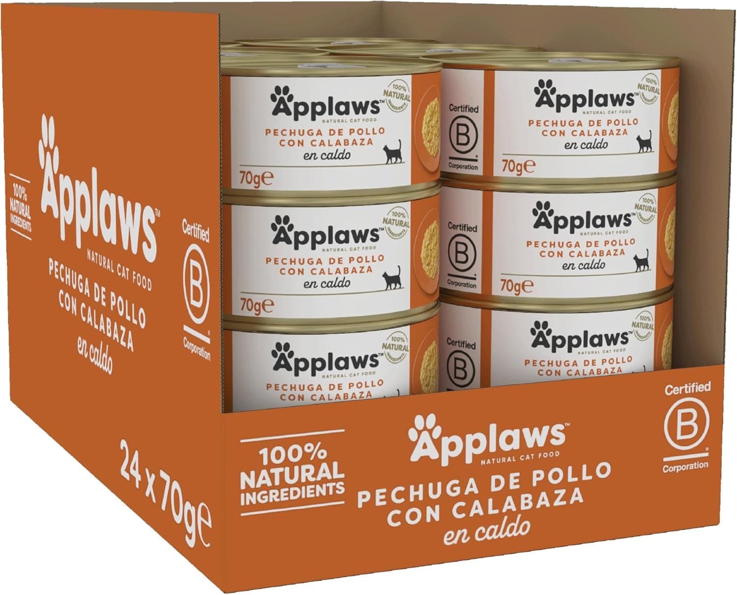 Applaws 100% comida húmida natural para gatos adultos, peito de frango com abóbora para gatos adultos - embalagem de 24 latas de 70 g