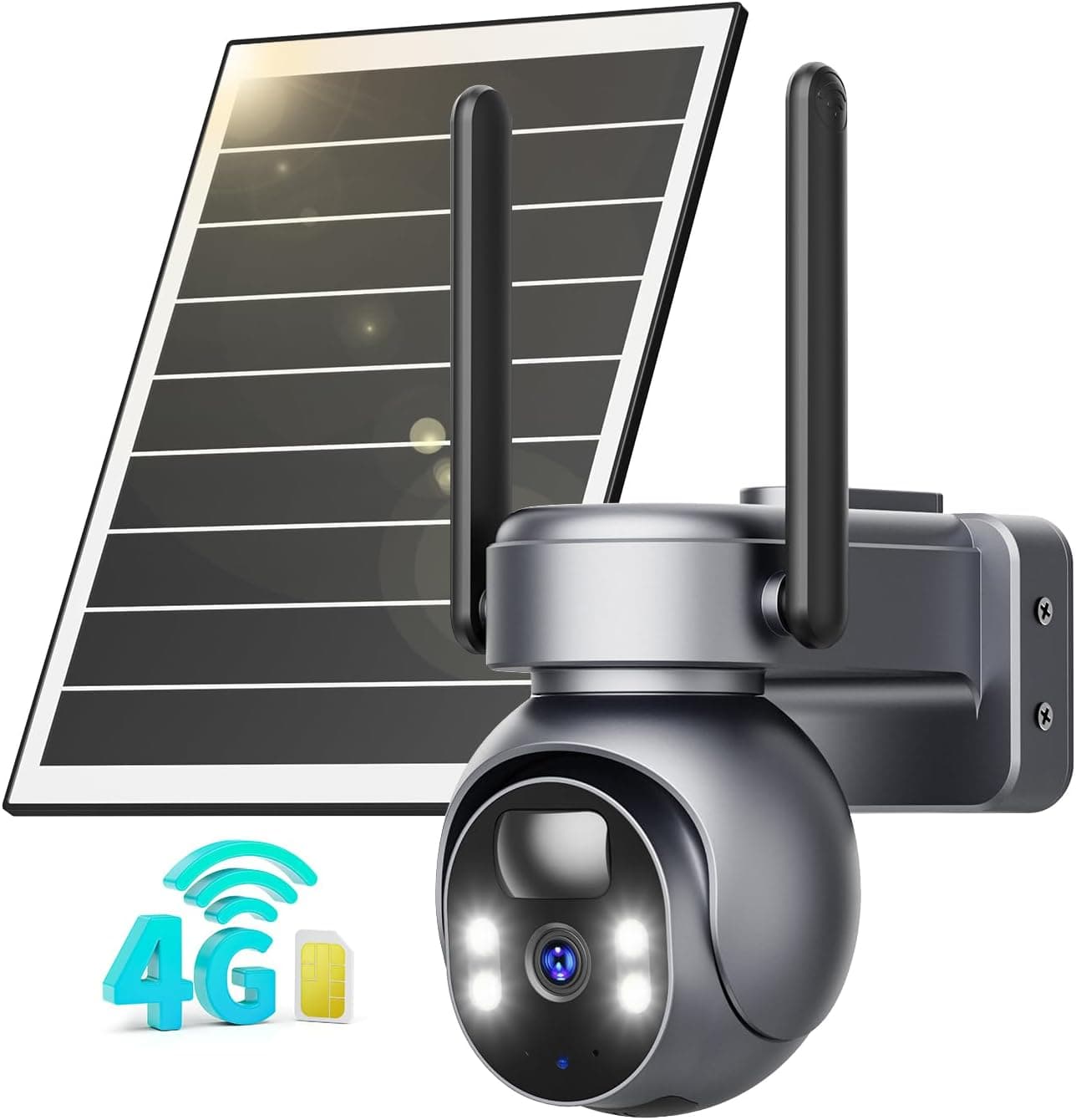kebruma 4G LTE Câmara de vigilância exterior com painel solar e cartão SIM, 2K HD visão 360° com bateria PTZ, visão noturna colorida e detecção PIR humana, impermeável IP66