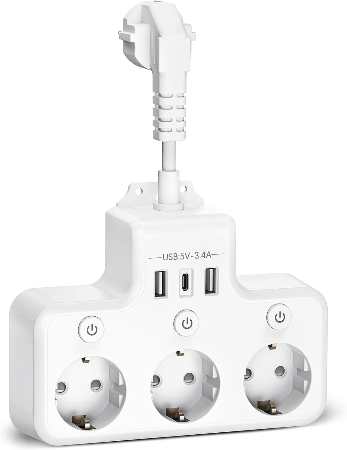 Afitdon Extensões tomadas USB C tomada múltipla 3 tomadas ladrão tomadas USB com saída com interruptores individuais tomada USB 7 em 1 adaptador tomada com 2 USB A e 1 USB C