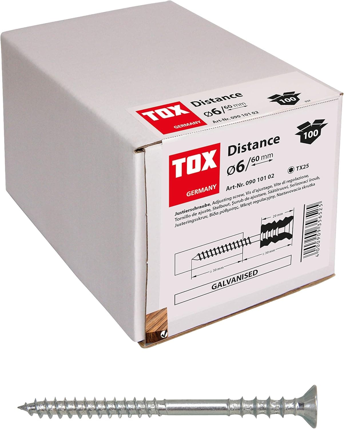 TOX Parafuso de ajuste Distance 6 x 60 mm, 100 peças, 09010102