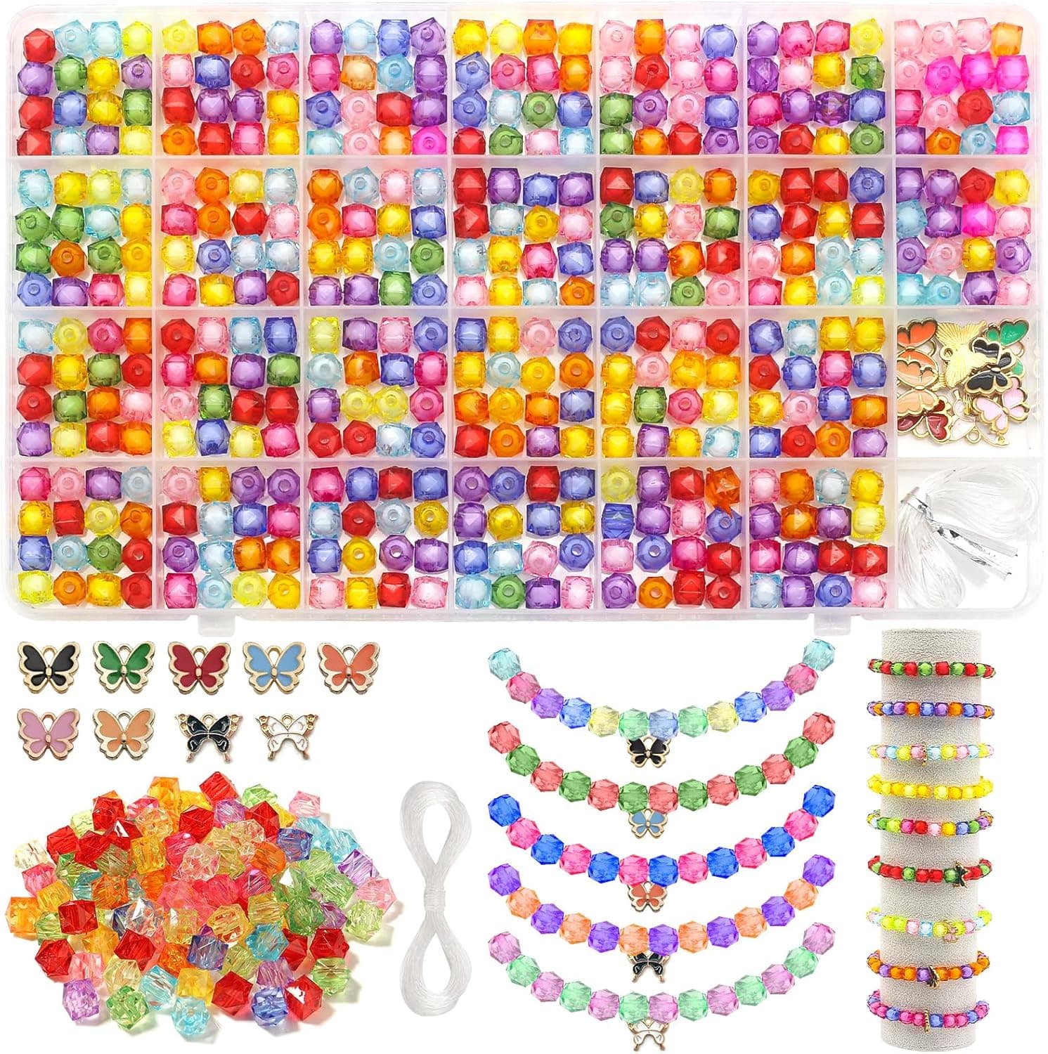 FEMBW 416 peças contas de cristal missangas para fazer pulseiras, 14 cores contas de vidro, cristais para artesanato 8 mm, contém borboletas coloridas 13 mm, para fazer pulseiras. (Cores misturadas)