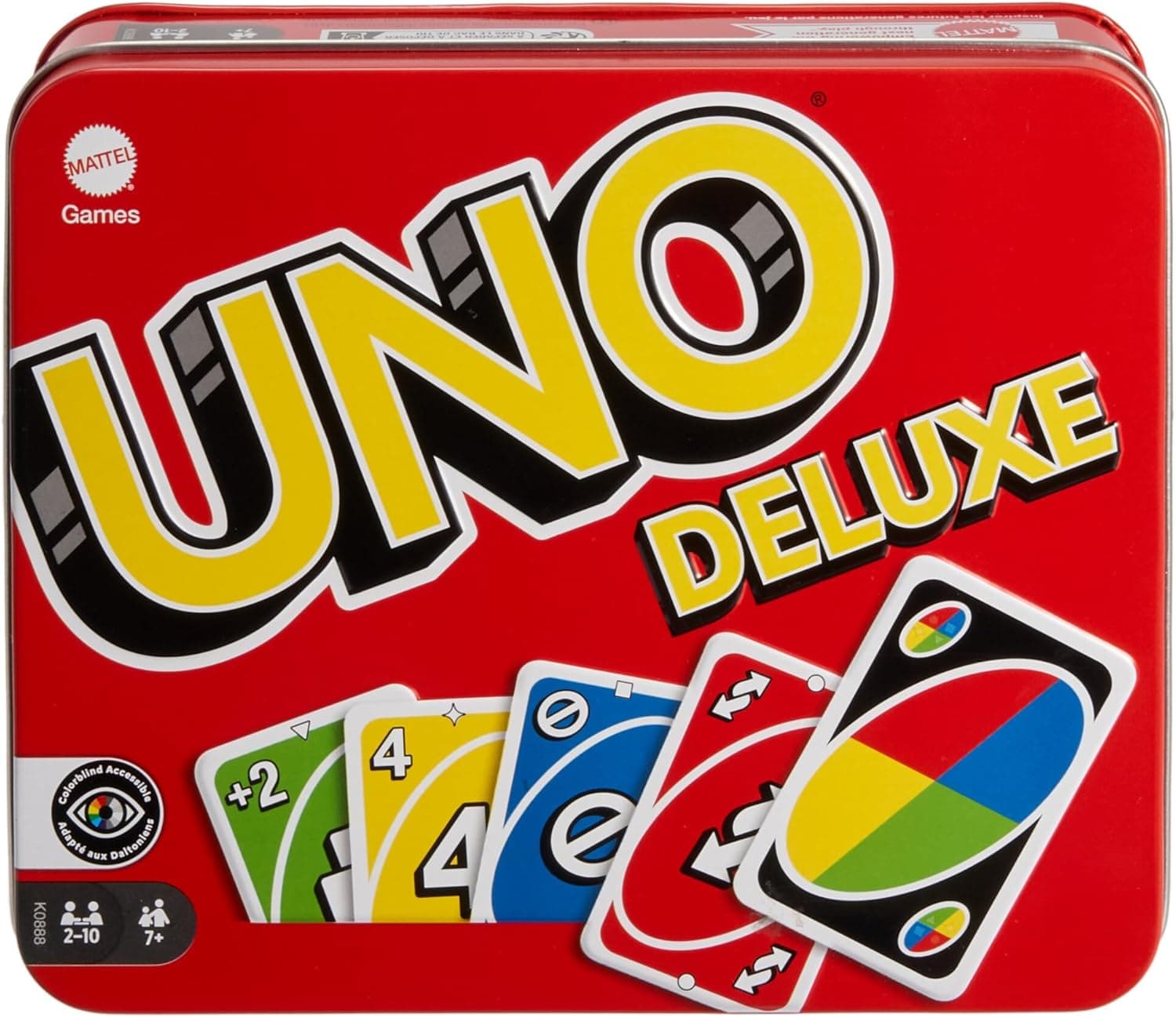 Mattel Games UNO Deluxe em caixa metálica, jogo de 108 cartas para famílias, crianças e adultos, 2-10 jogadores, a partir dos 7 anos (Mattel K0888)