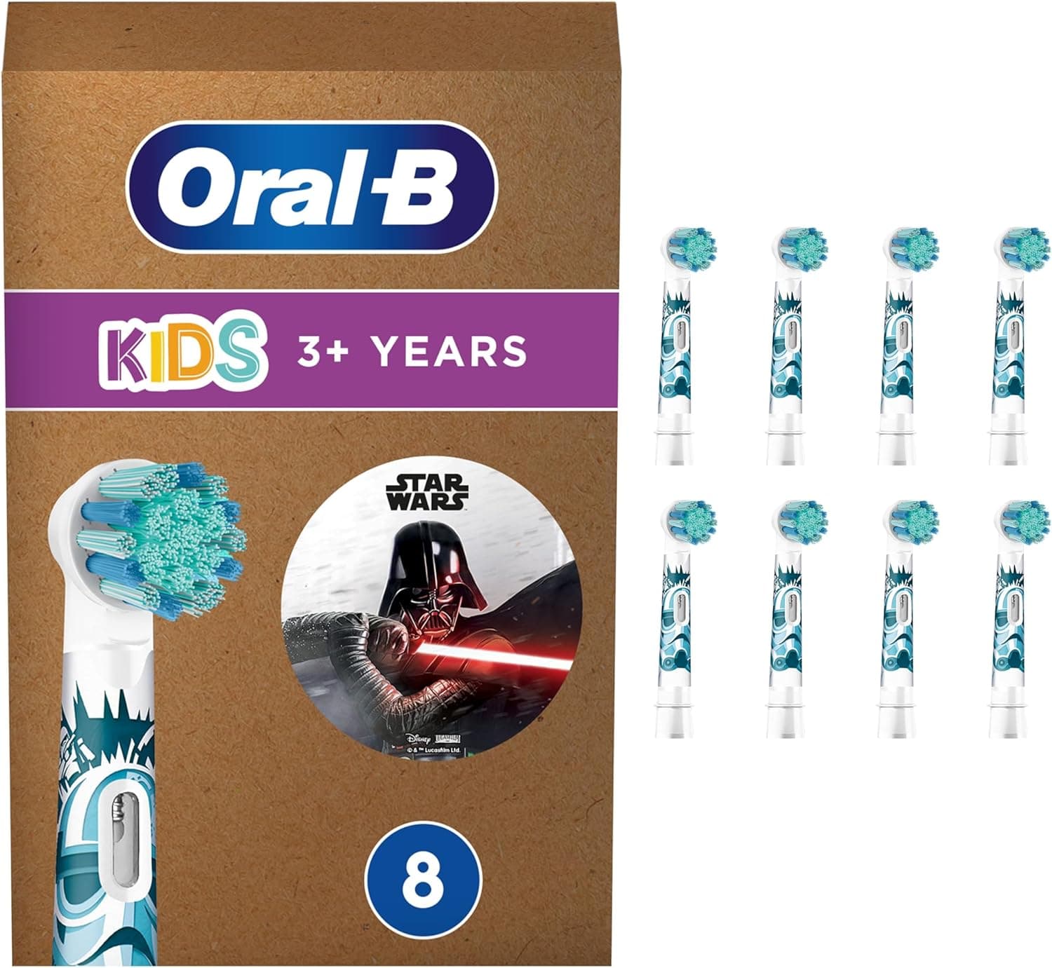Oral-B Kids Star Wars Peças sobresselentes para escova de dentes elétrica, embalagem de 8, embalagem reciclável, adequado para tamanho da caixa de correio