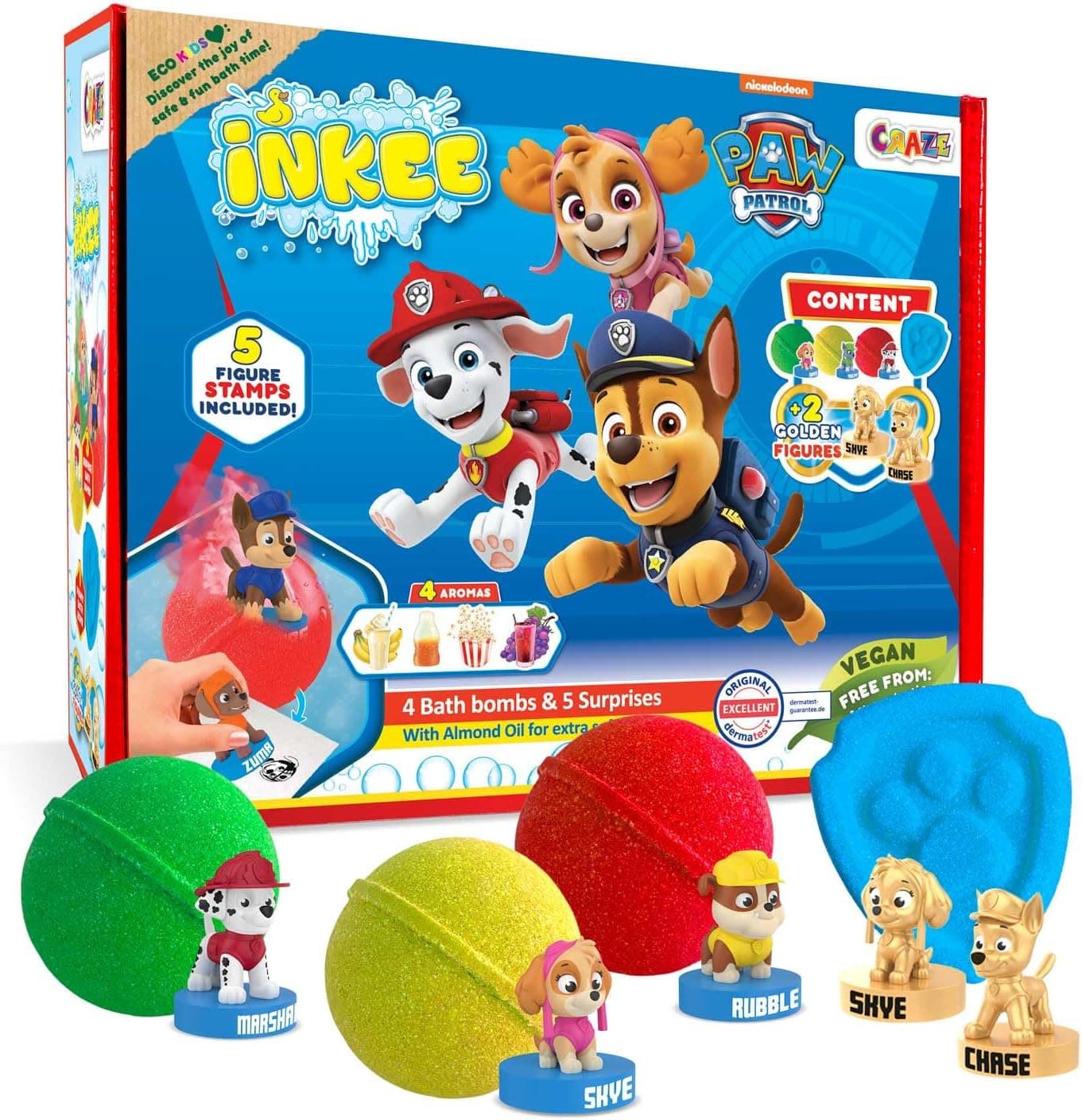 INKEE Paw Patrol | Caixa com 4 bombas de banho infantis com óleo de amêndoas e 5 figuras surpresa para colecionar