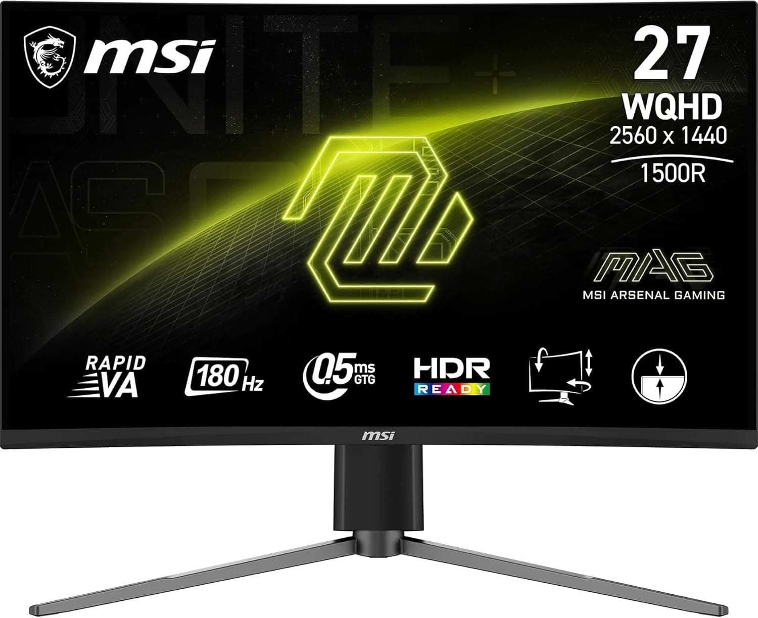 MSI mag 27CQ6PF Monitor curvo Gaming WQHD 27 polegadas, 1500R 2560 x 1440 Rapid VA painel, 180 Hz / 0,5 ms (GtG, Min. ), Adaptive-Sync, DP 1.4a, HDMI 2.0b CEC