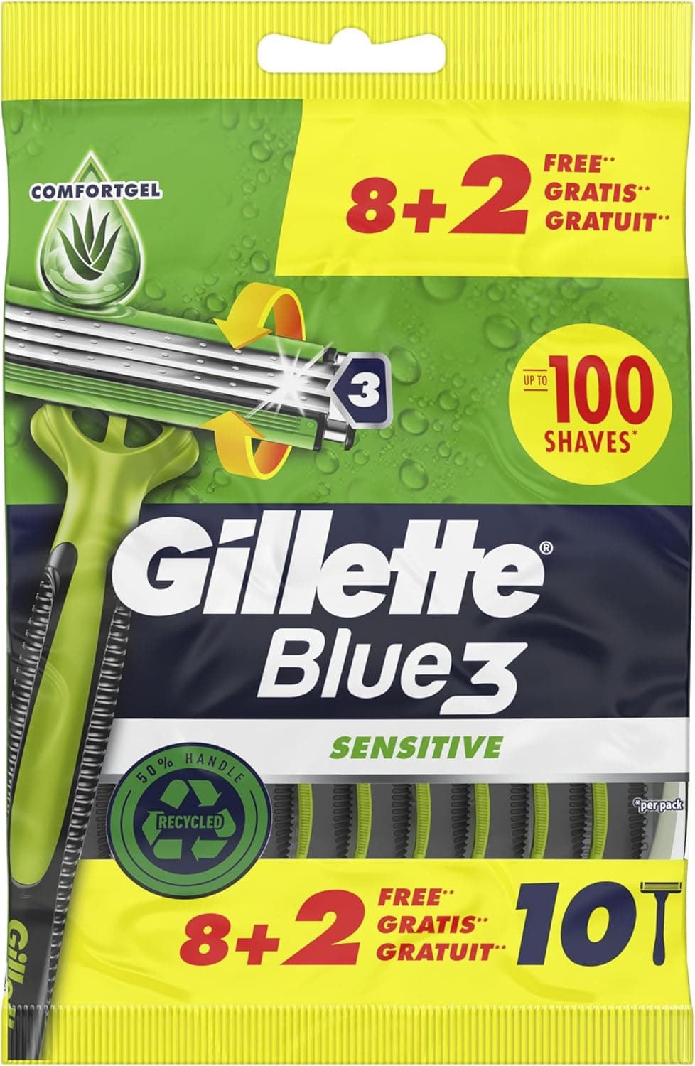 Gillette Blue3 Sensitive Máquina descartável para homem, 10 unidades