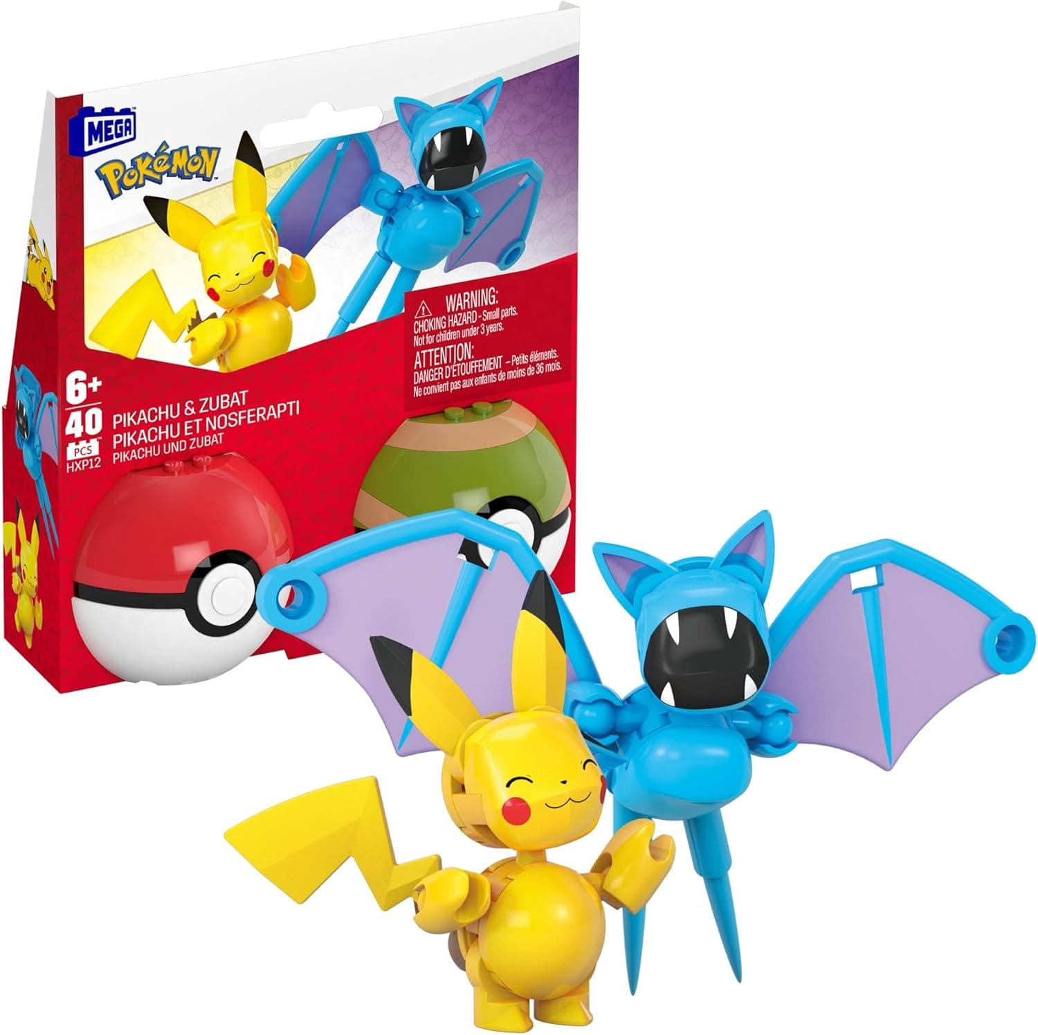Mega Pokémon Conjunto de construção com figuras de ação construíveis e articuladas de Pikachu e Zubat, 40 peças e 2 Poké Ball, para meninos e meninas + 6 anos, HXP12