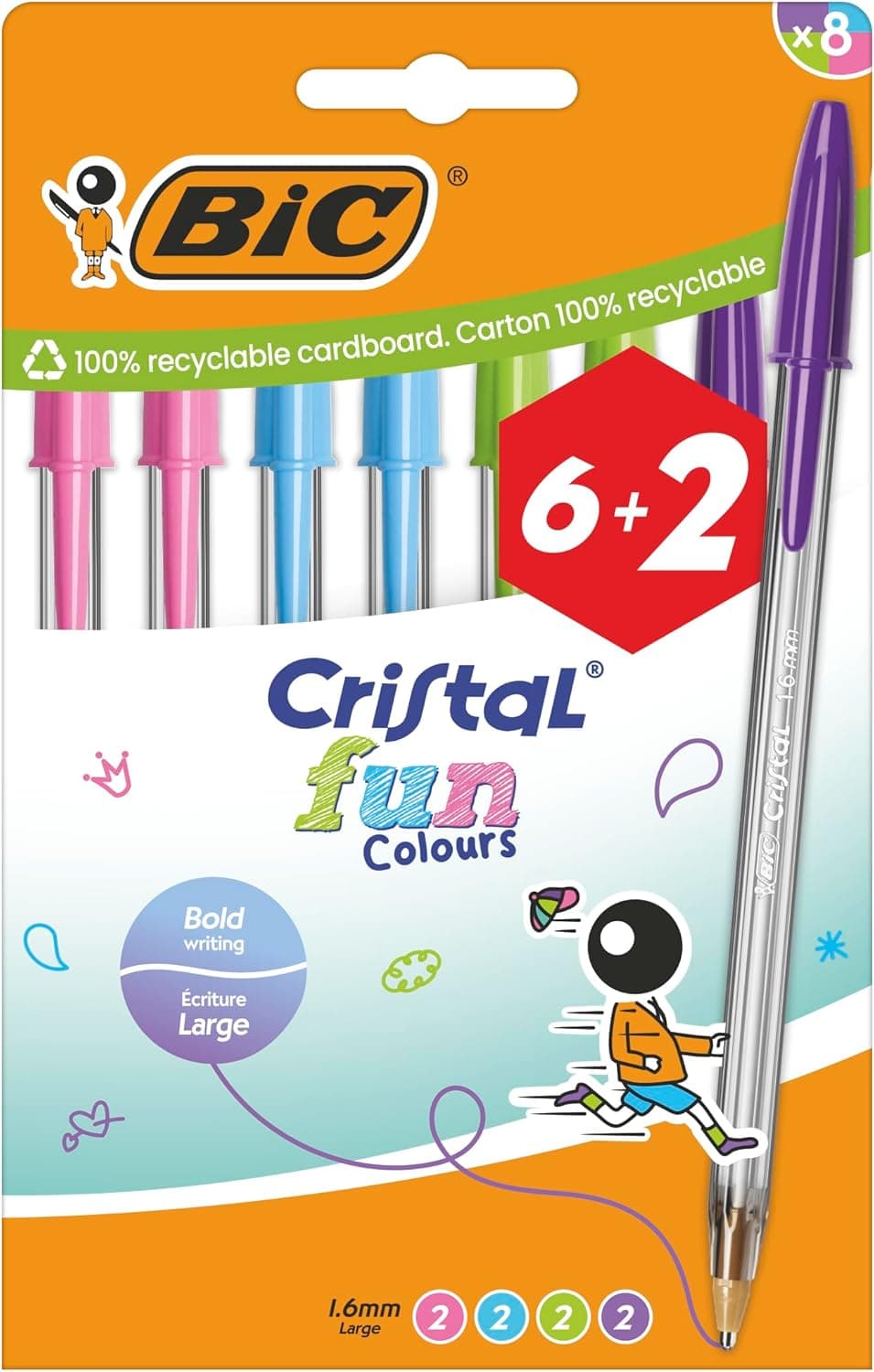 BIC Cristal Fun | Conjunto de 8 canetas esferográficas largas de cores sortidas