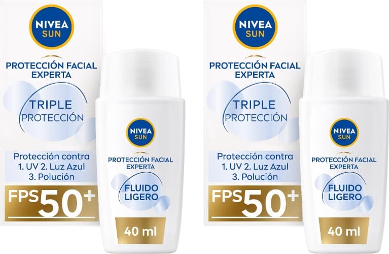 NIVEA SUN Creme solar tripla proteção FP50 com ácido hialurónico, protetor solar facial 50+ ultraleve hidratante, luz azul e poluição, 40 ml x 2