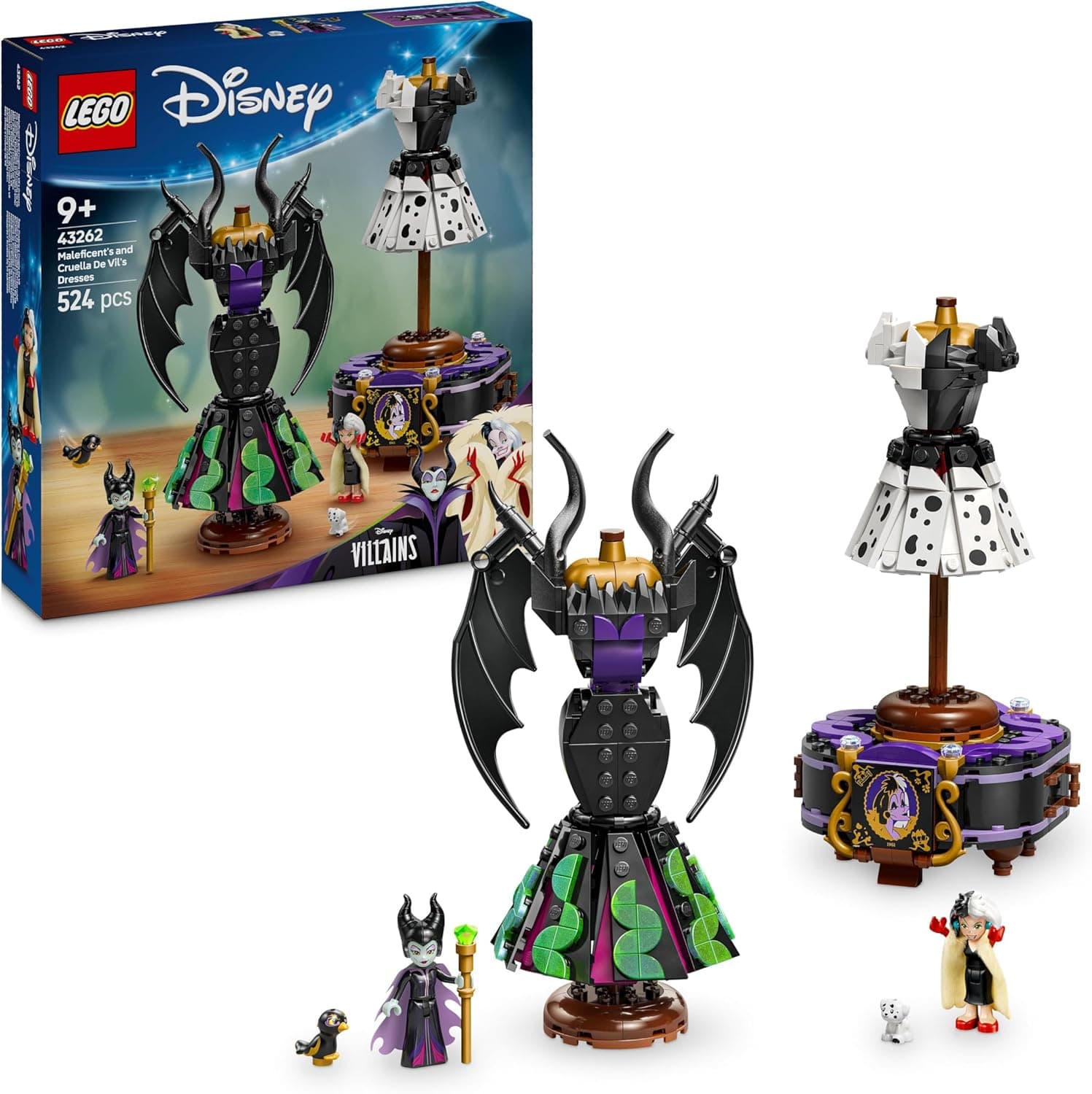 LEGO TIENDAEURASIA Disney Villains Fatos de maléfica e cruella de Vil, brinquedo de construção para meninas e meninos de 9 anos, 2 mini bonecas de vilãs e 2 figuras de animais, presente de aniversário