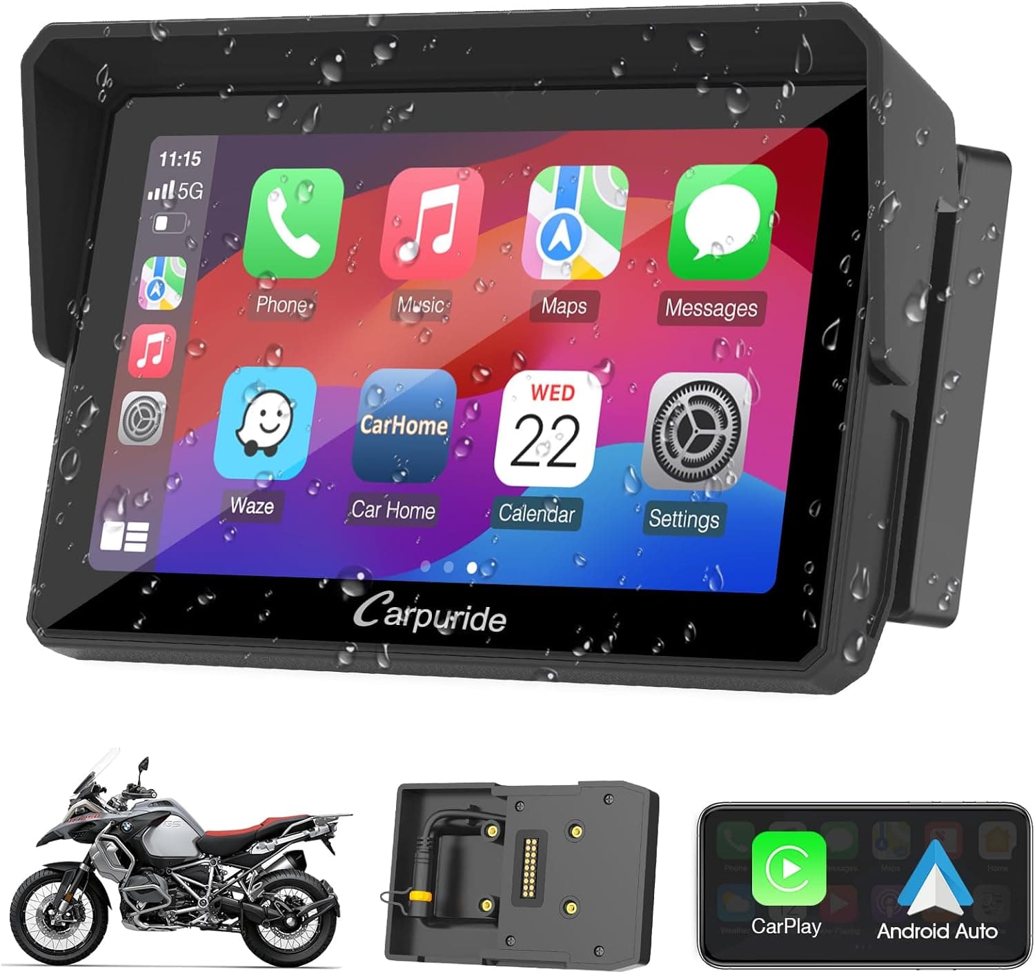 2024 Carpuride W502B ecrã Carplay para BMW motocicleta R1200GS R1250GS S1000XR, ecrã tátil impermeável de 5 polegadas, navegação GPS portátil Carplay/Android para moto, Bluetooth duplo