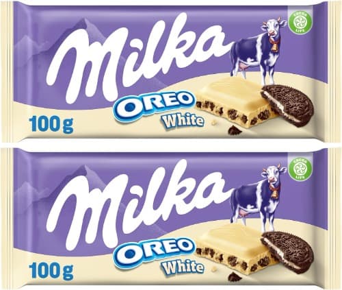 Milka Oreo Tablet de chocolate branco com pedaços com bolacha ouro e enchimento de baunilha 100 g