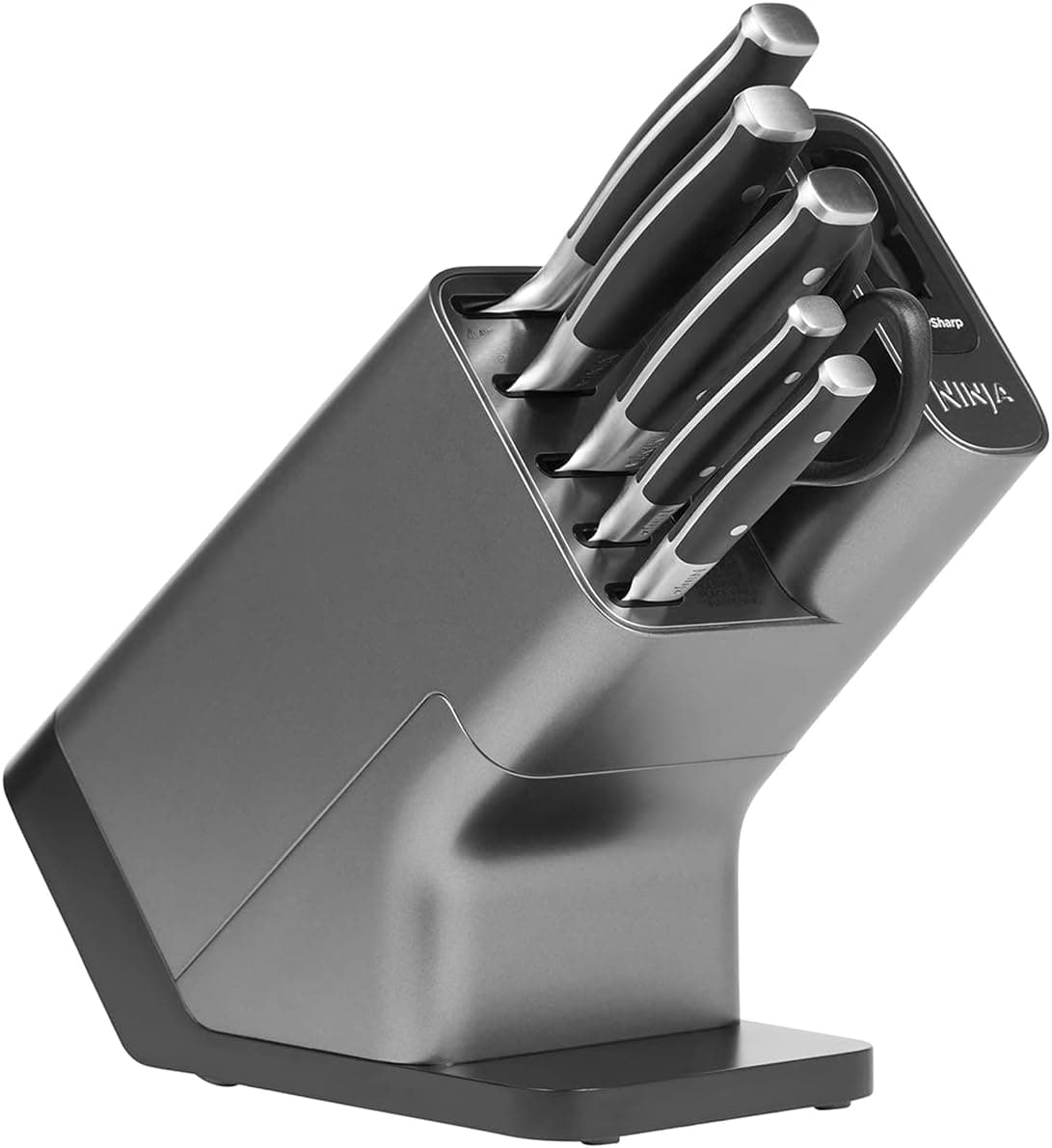 Ninja Foodi StaySharp Taco de facas, afiador integrado, 5 facas (de chef, para pão, para fatiar, multiusos e para descascar) e tesouras, 6 peças afiadas, aço inoxidável, K32006UE