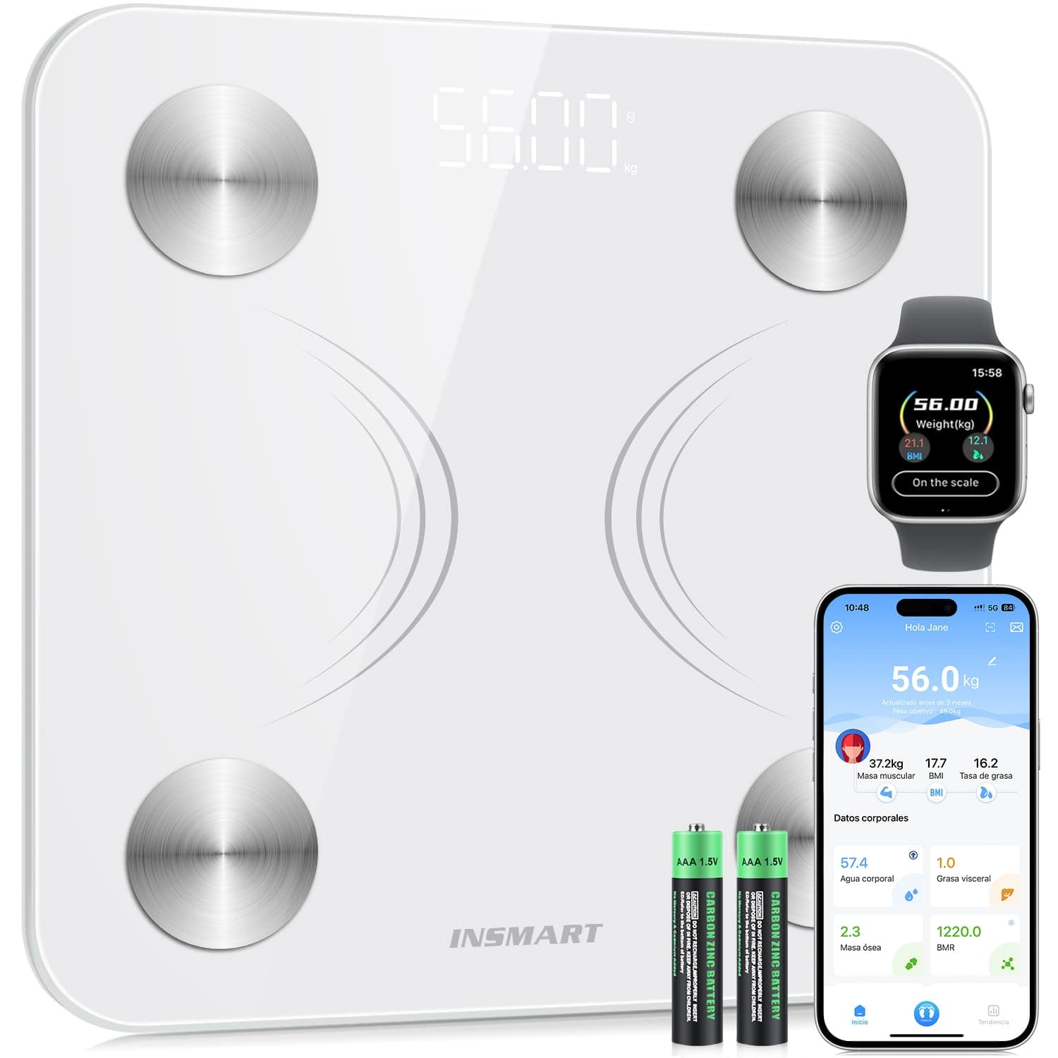 INSMART Balança de casa de banho inteligente com medição da composição corporal e muscular com ecrã LED, base com aplicação para Andriod e iOS, base inteligente controla 16 dados corporais, balança peso corporal peso máximo 180