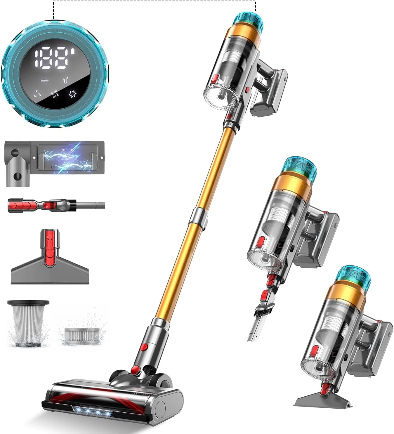 EUARY 55 KPa/600 W Aspirador sem cabo, aspirador de pó potente sem cabo até 55 m, com carregamento de parede Smart Screen, escova anti-embaraçar tapete de cabelo animal de estimação chão sofá