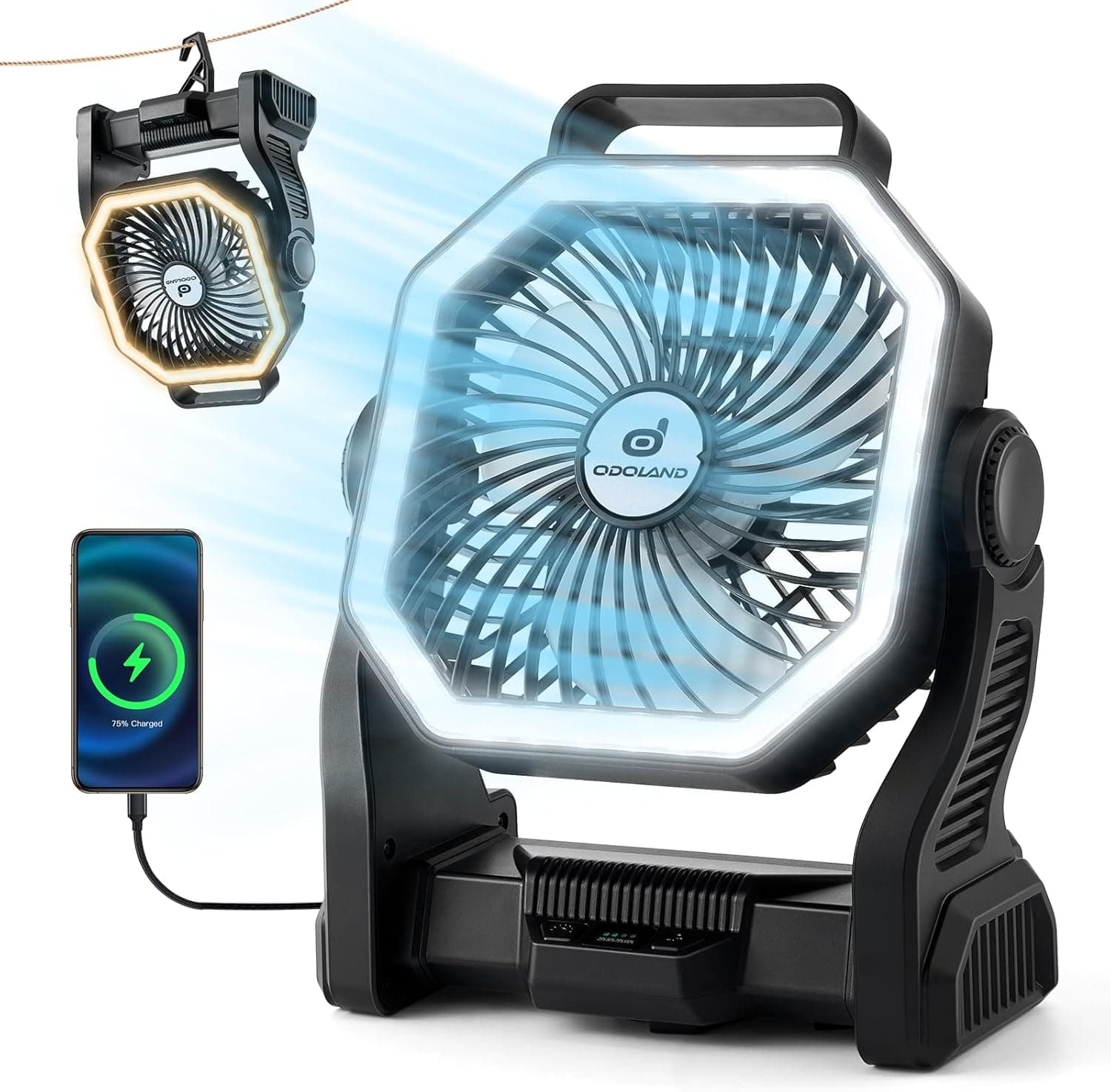 Odoland Lanterna LED de campismo com ventilador, ventilador a pilhas de 20000 mAh com 4 velocidades e gancho, luz portátil recarregável para tenda de campismo ao ar livre para piquenique, apagão