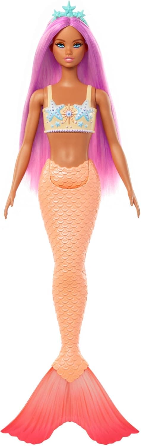 Barbie Boneca sereia com cabelo de fantasia rosa e bandana, brinquedo com corpete com estrelas do mar e de cor laranja pastel - para meninos e meninas + 3 anos, HRR05