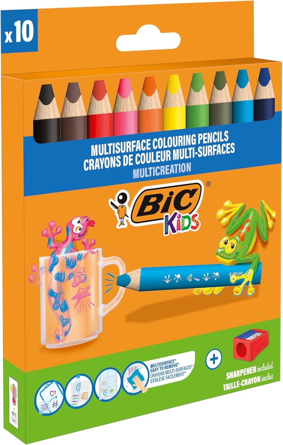BIC Kids Lápis de cores multisuperfície com corpo triangular e minas apagáveis em superfícies não porosas - cores sortidas, pack de 10 + 1 lápis