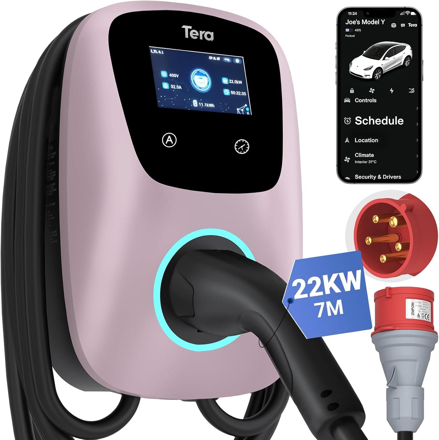 Tera EV Smart APP Charger | Estação de carregamento para veículos elétricos 22 kW ou 11 kW com cabo de 7 m, controlo por app e suporte