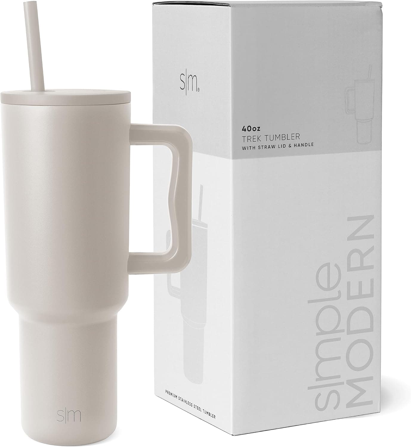 Simple Modern Copo térmico com palha e alça | Caneca térmica para levar | Garrafa de água de aço inoxidável isolada para café gelado, Trek | 1180 ml, Almond Birch