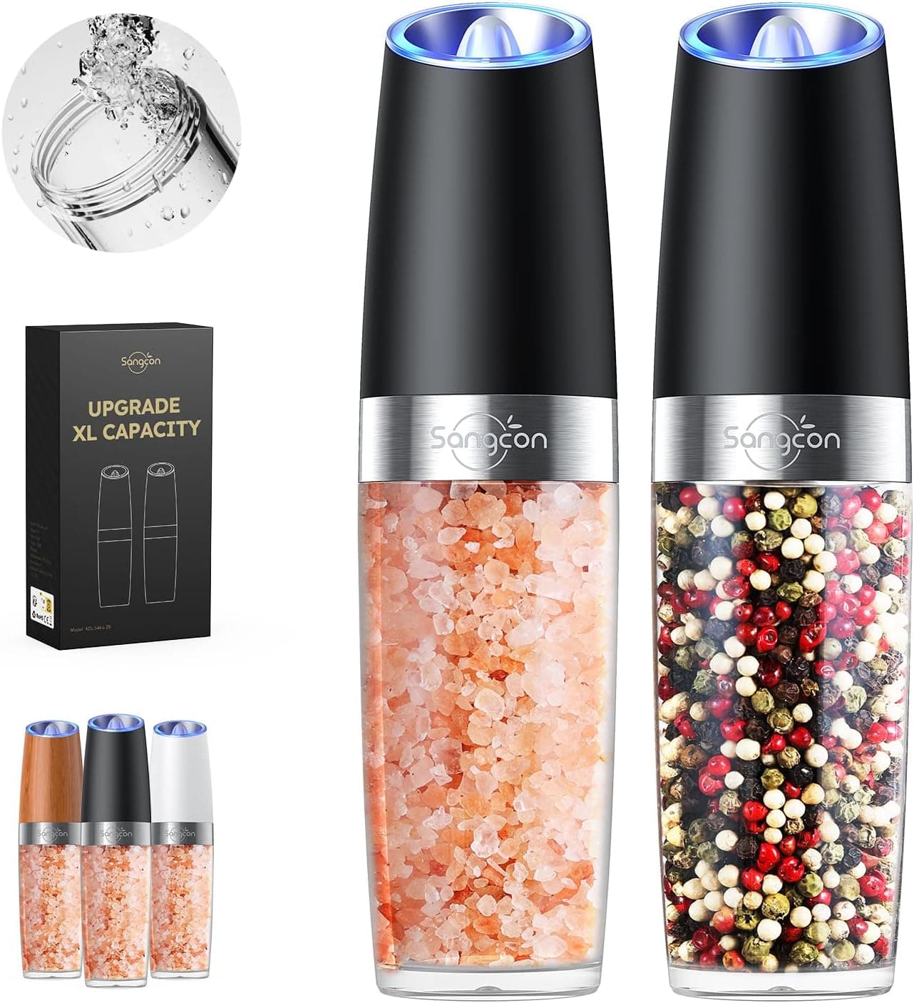 Sangcon Gravity Conjunto de moinhos elétricos para sal e pimenta, 9 Oz de alta capacidade, alimentado por bateria, operação com uma só mão, moinhos de especiarias automáticos (preto)