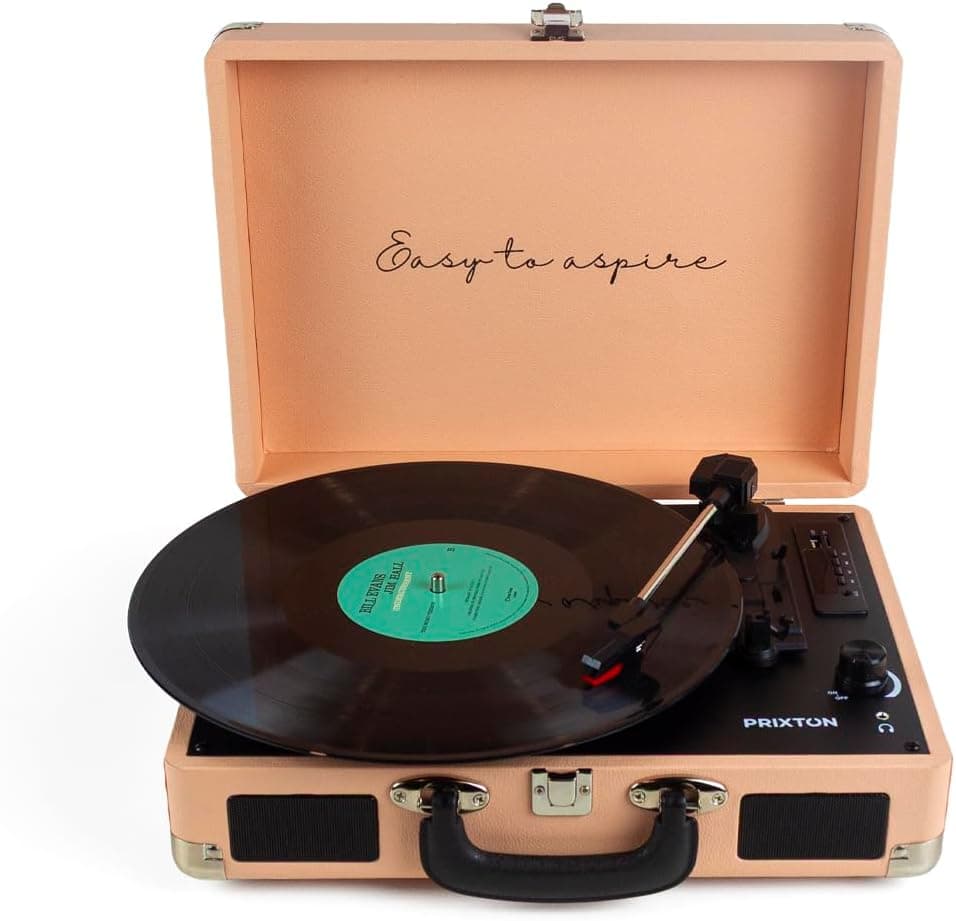 PRIXTON VC400 Gira-discos de vinil vintage, leitor de vinil e leitor de música via Bluetooth e USB, 2 altifalantes incorporados, design de mala, cor laranja